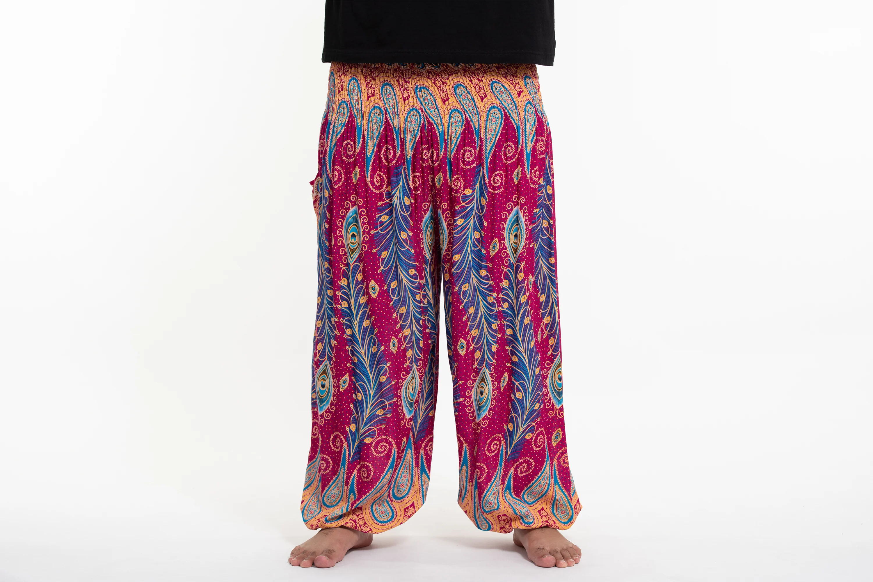 Plus Size Peacock Paisley Men's Harem Pants in Pink