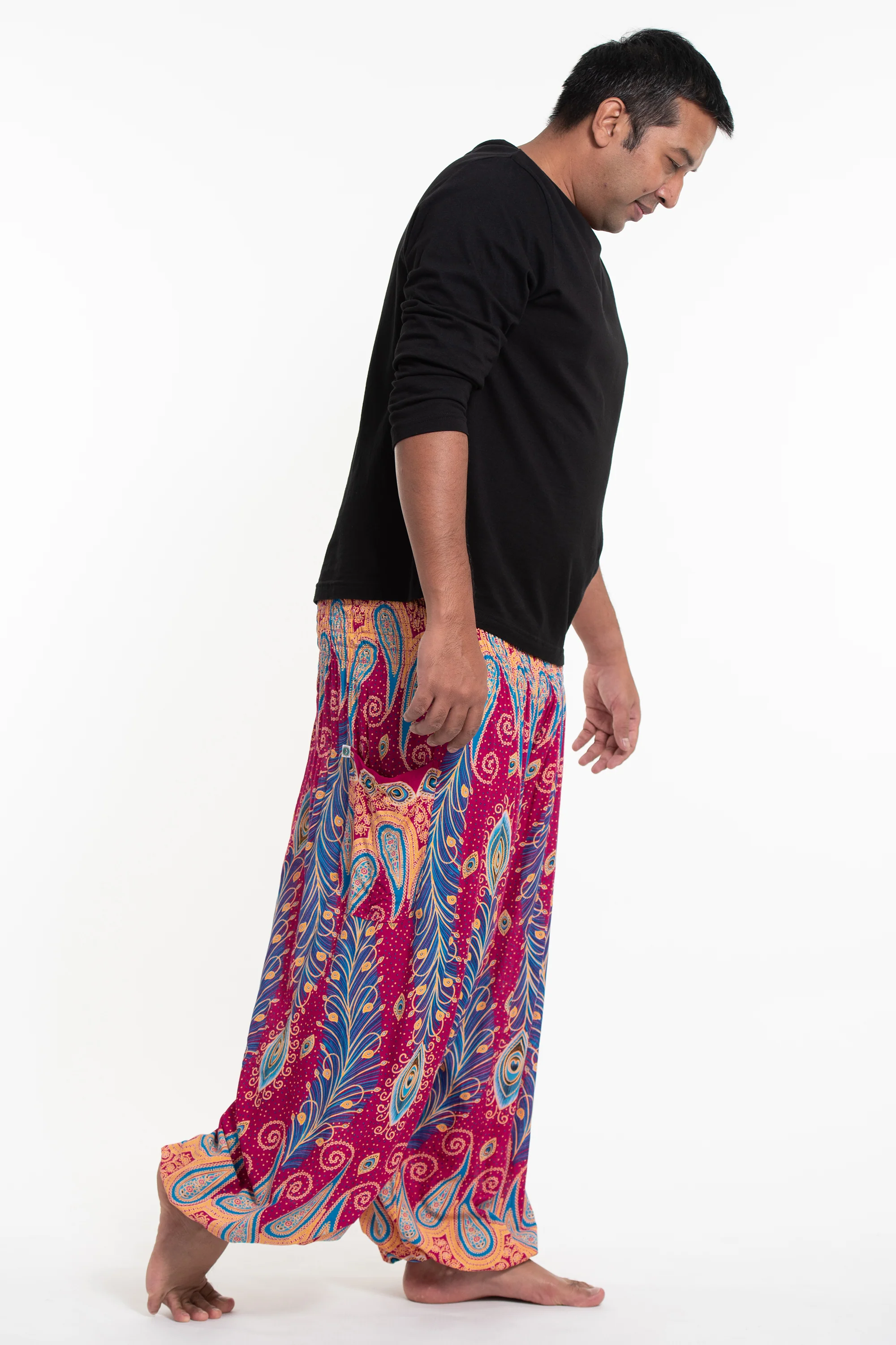 2583-Plus-Size-Peacock-Paisley-Men-s-Harem-Pants-in-Pink-3.webp Plus Size Peacock Paisley Men's Harem Pants in Pink