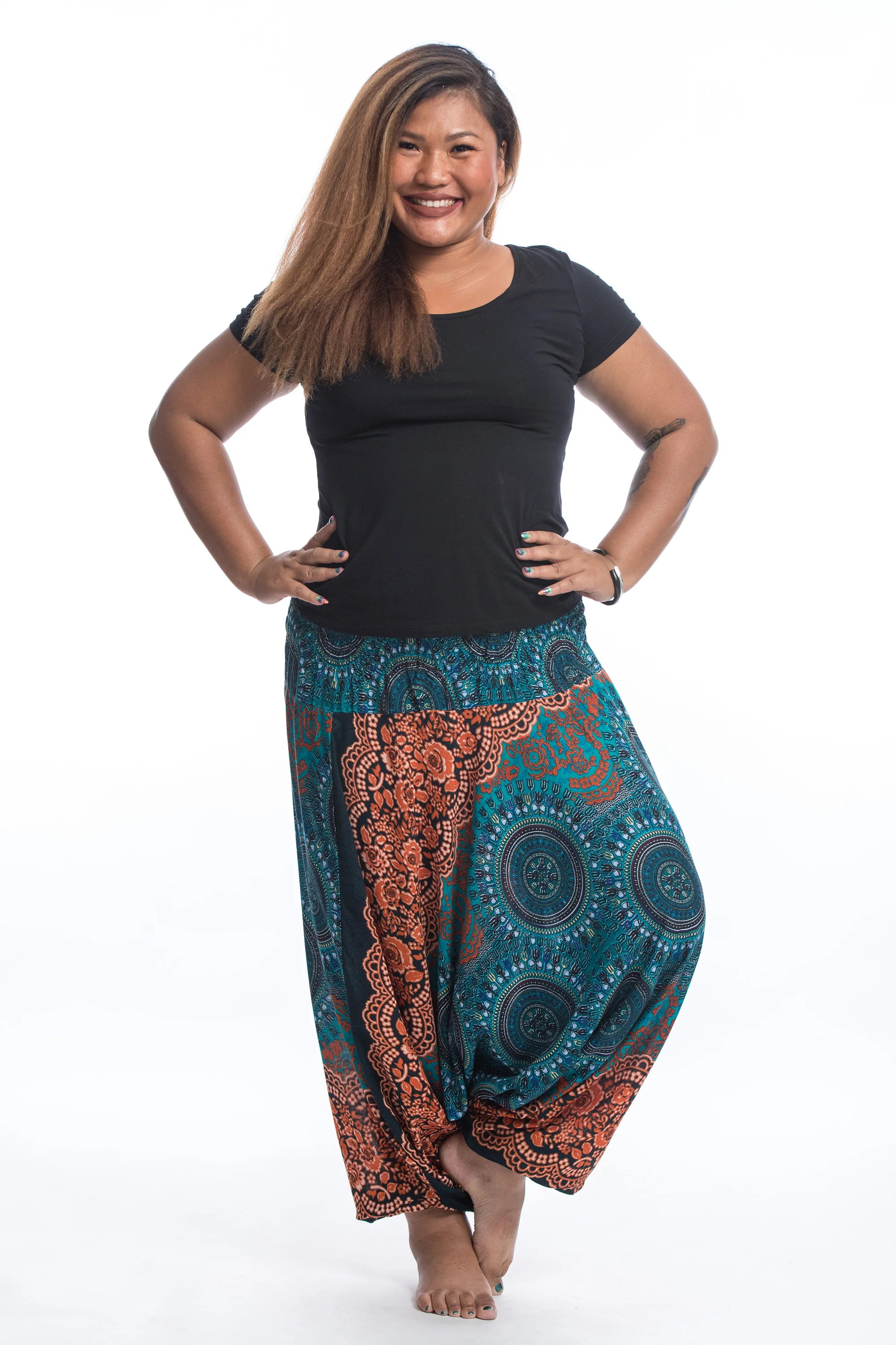 Plus Size Trishula Mandalas 2-in-1 Jumpsuit Harem Pants in Teal