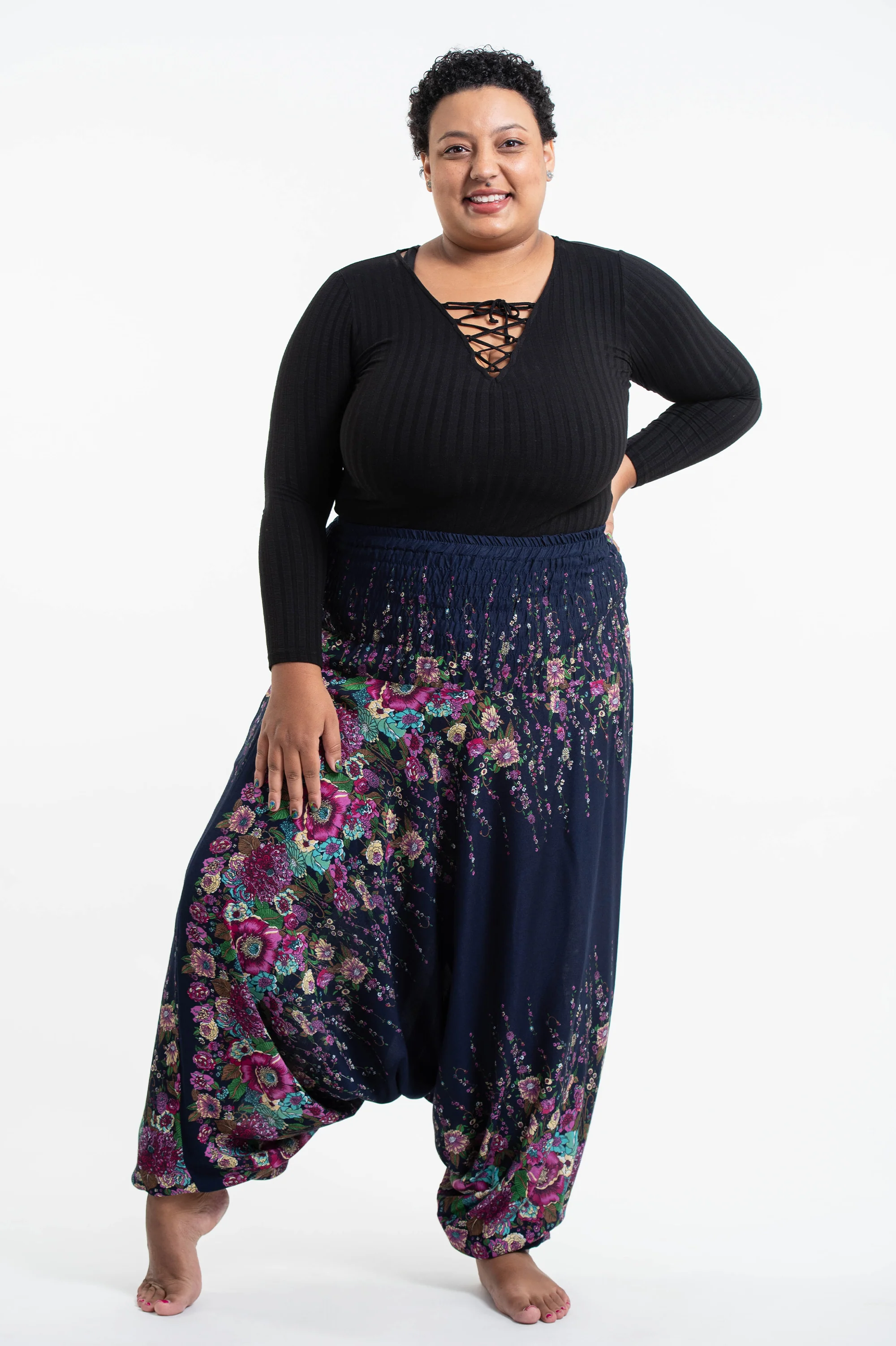 Plus Size Floral 2-in-1 Jumpsuit Harem Pants in Blue