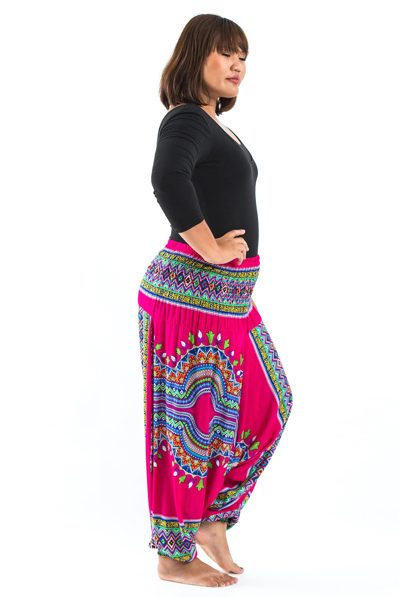 Plus Size Dashiki Prints 2-in-1 Jumpsuit Harem Pants in Pink