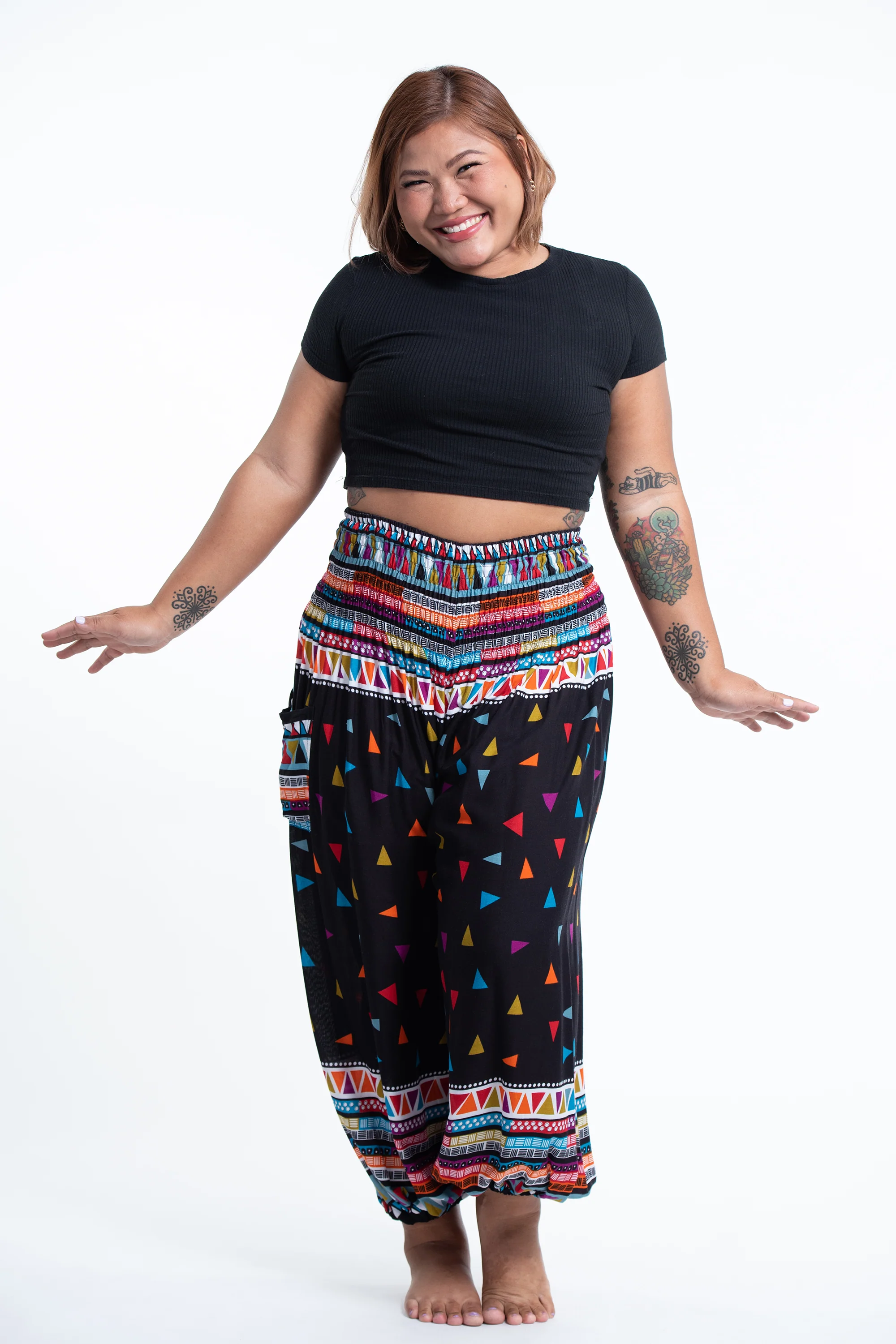 Plus Size Triangles Women's Harem Pants in Black
