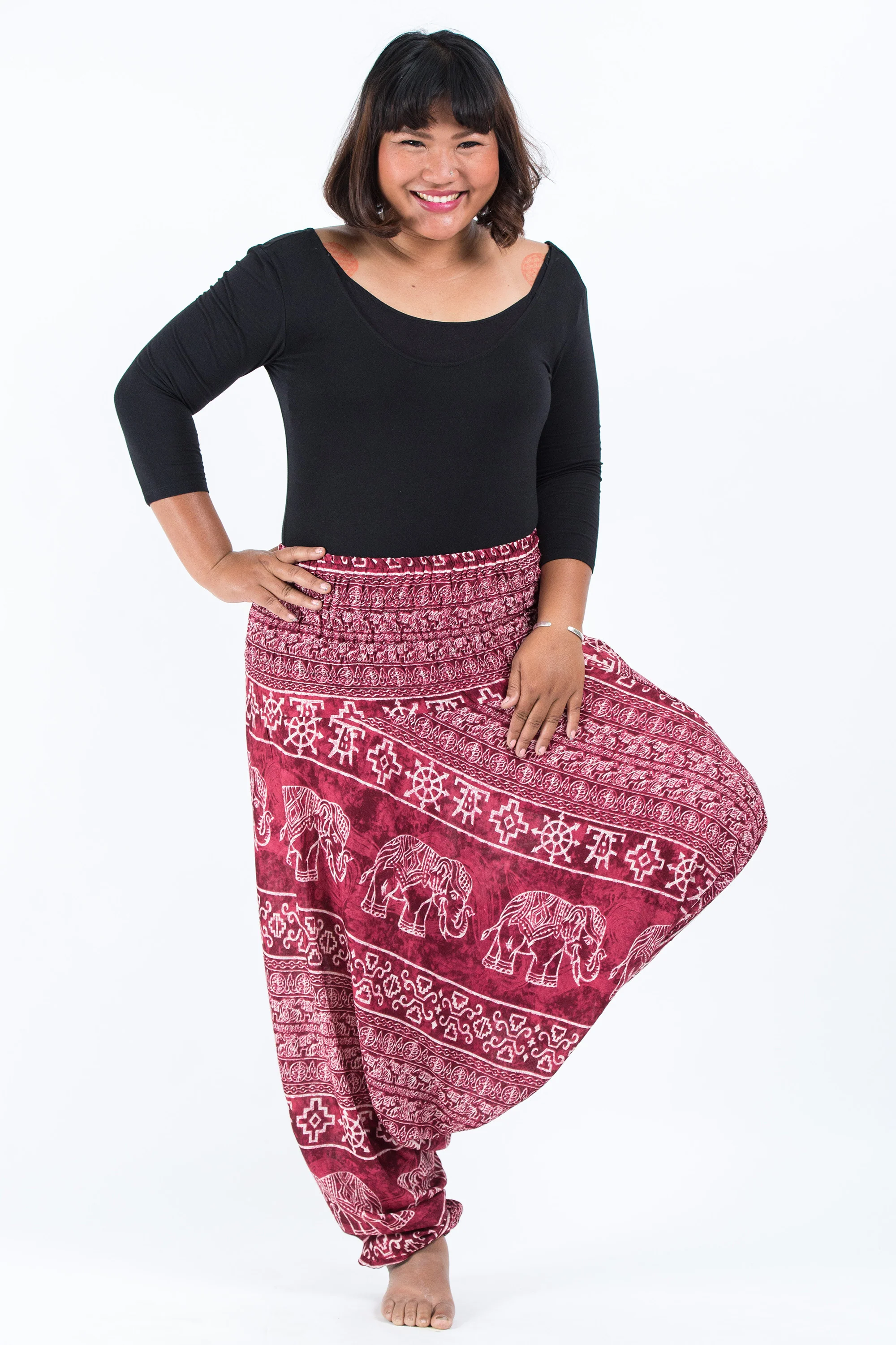 Plus Size Marble Elephant 2-in-1 Jumpsuit Elephant Pants in Red