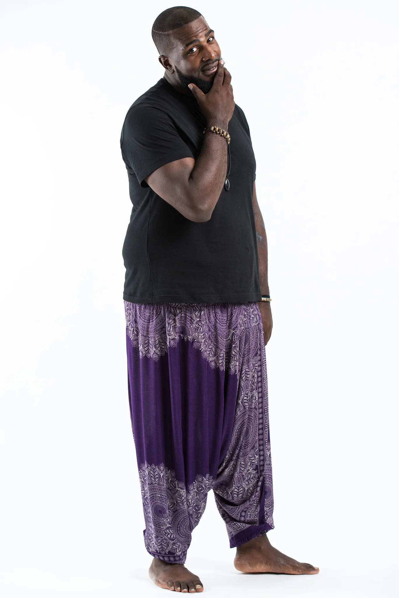 Plus Size Floral Mandalas Drop Crotch Men's Harem Pants in Purple