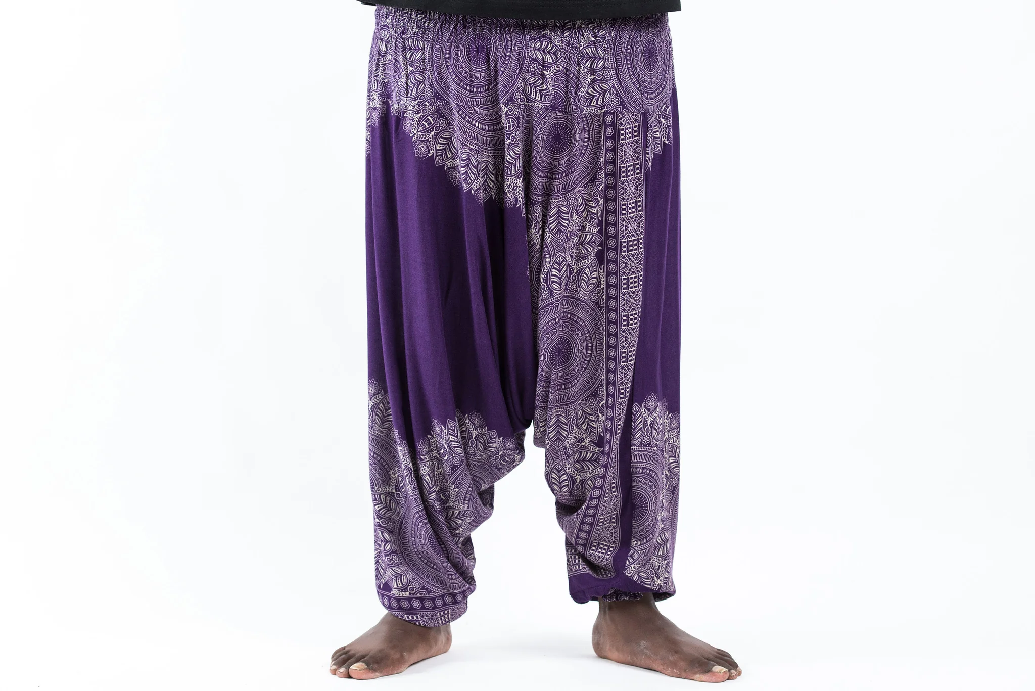 Plus Size Floral Mandalas Drop Crotch Men's Harem Pants in Purple