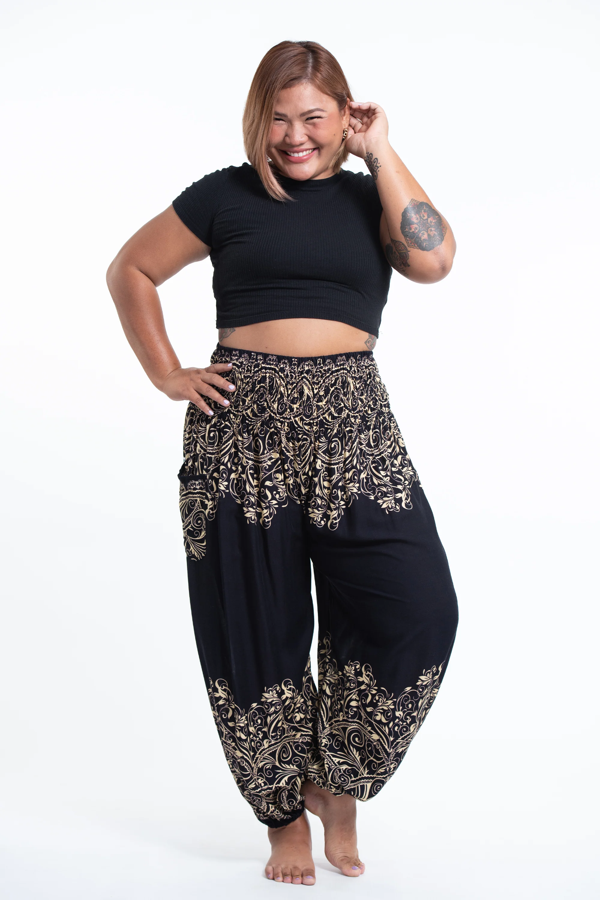 Plus Size Vines Women's Harem Pants in Black