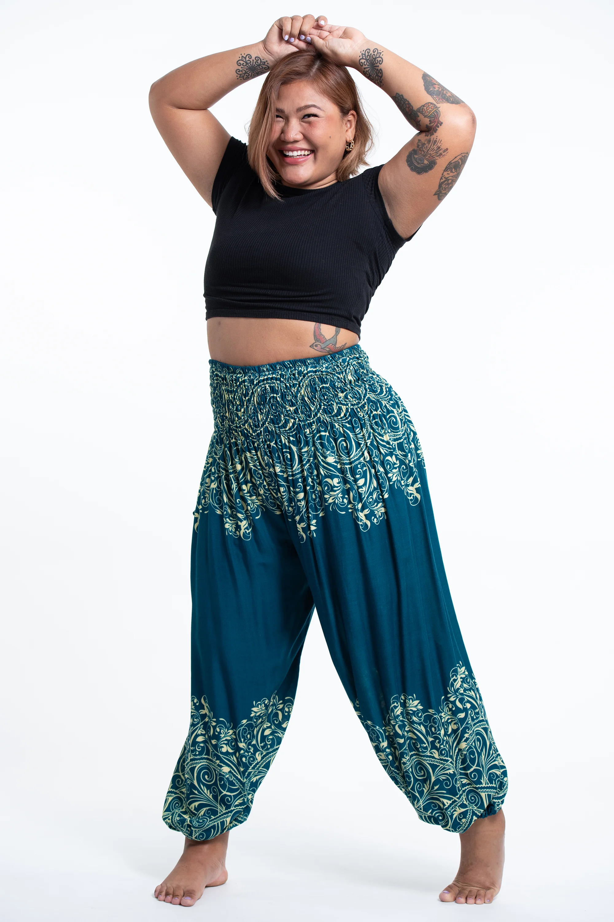 Plus Size Vines Women's Harem Pants in Turquoise