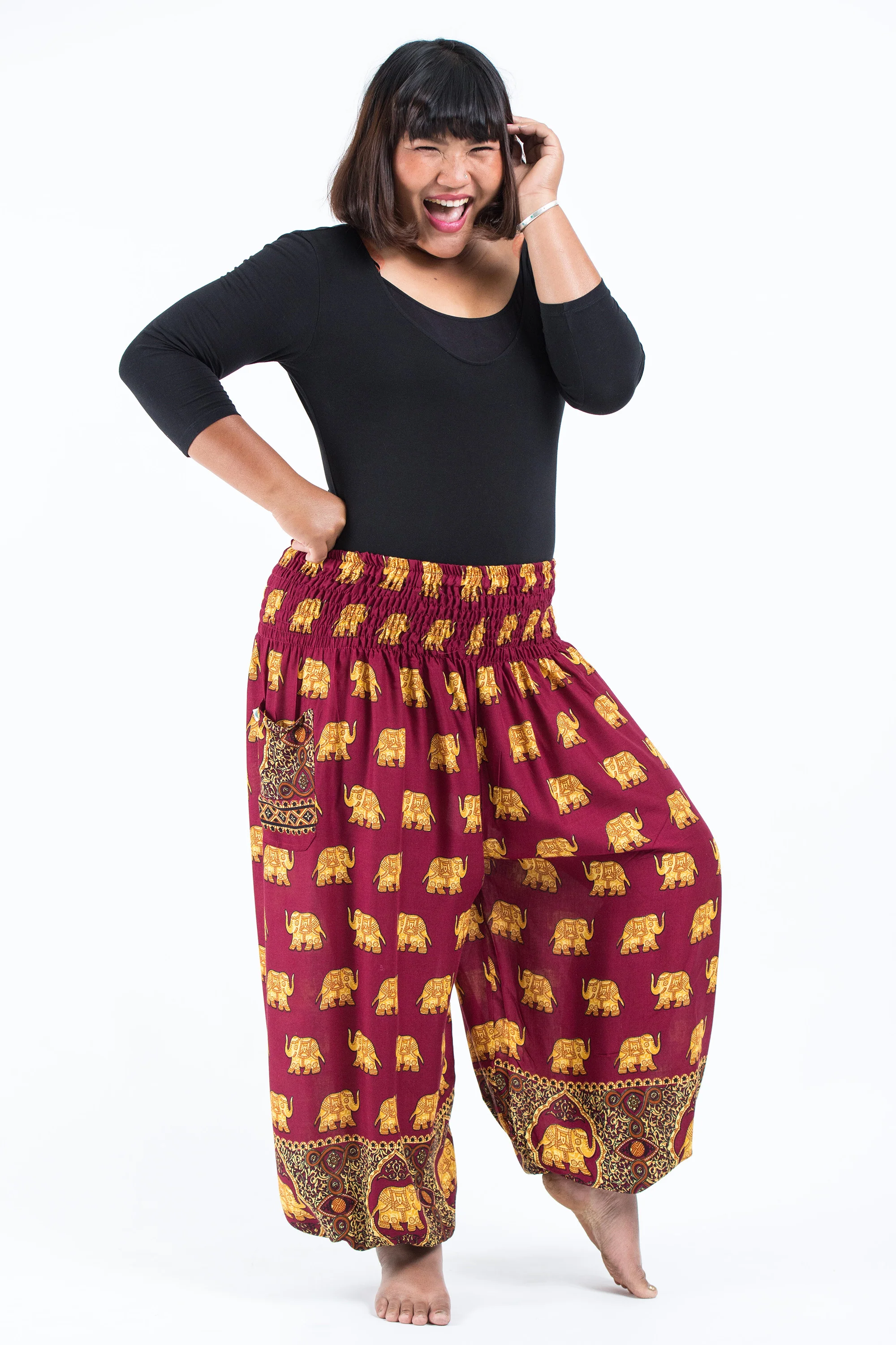 Plus Size Golden Elephant Women's Elephant Pants in Maroon