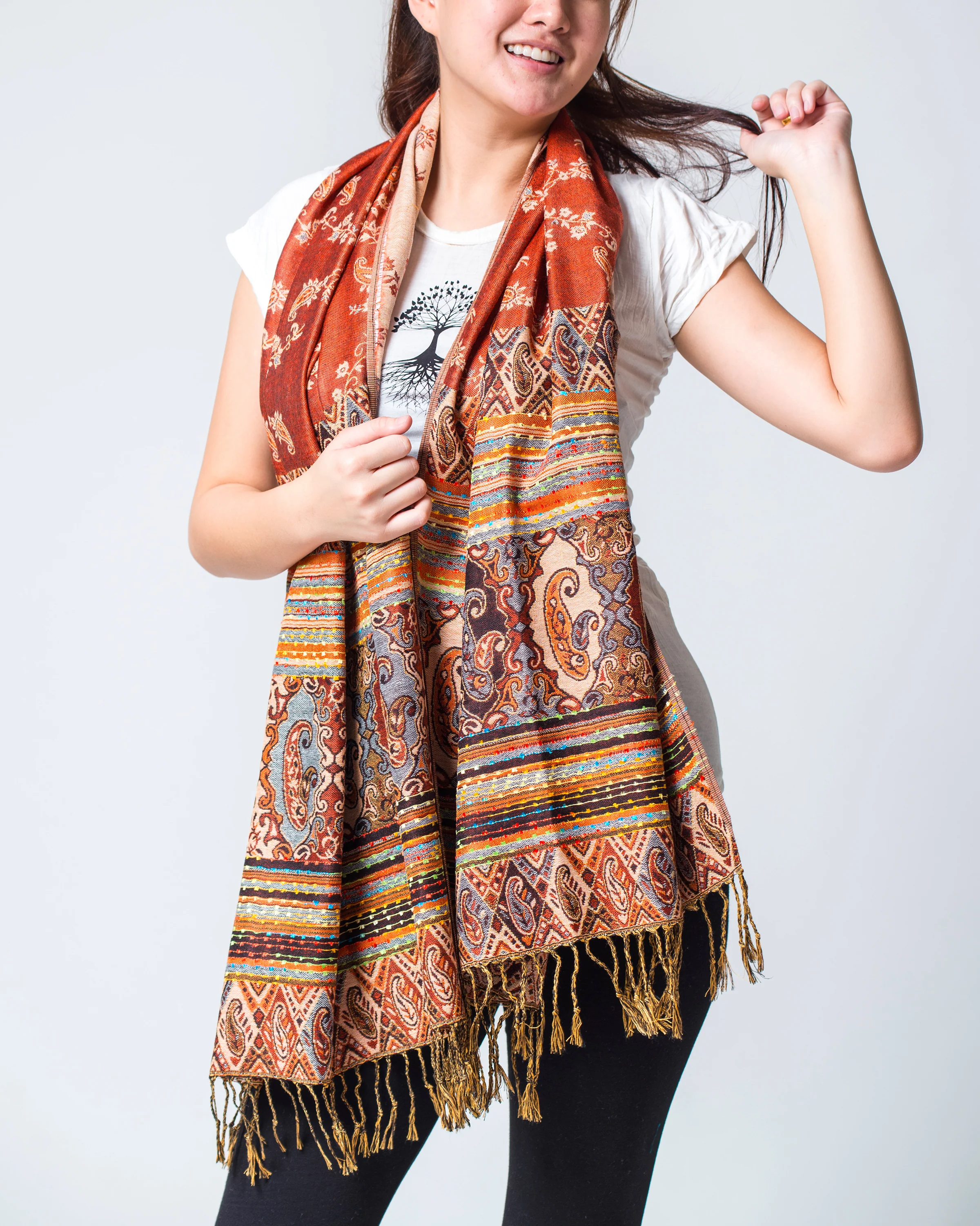 Nepal Floral Paisley Pashmina Shawl Scarf in Orange