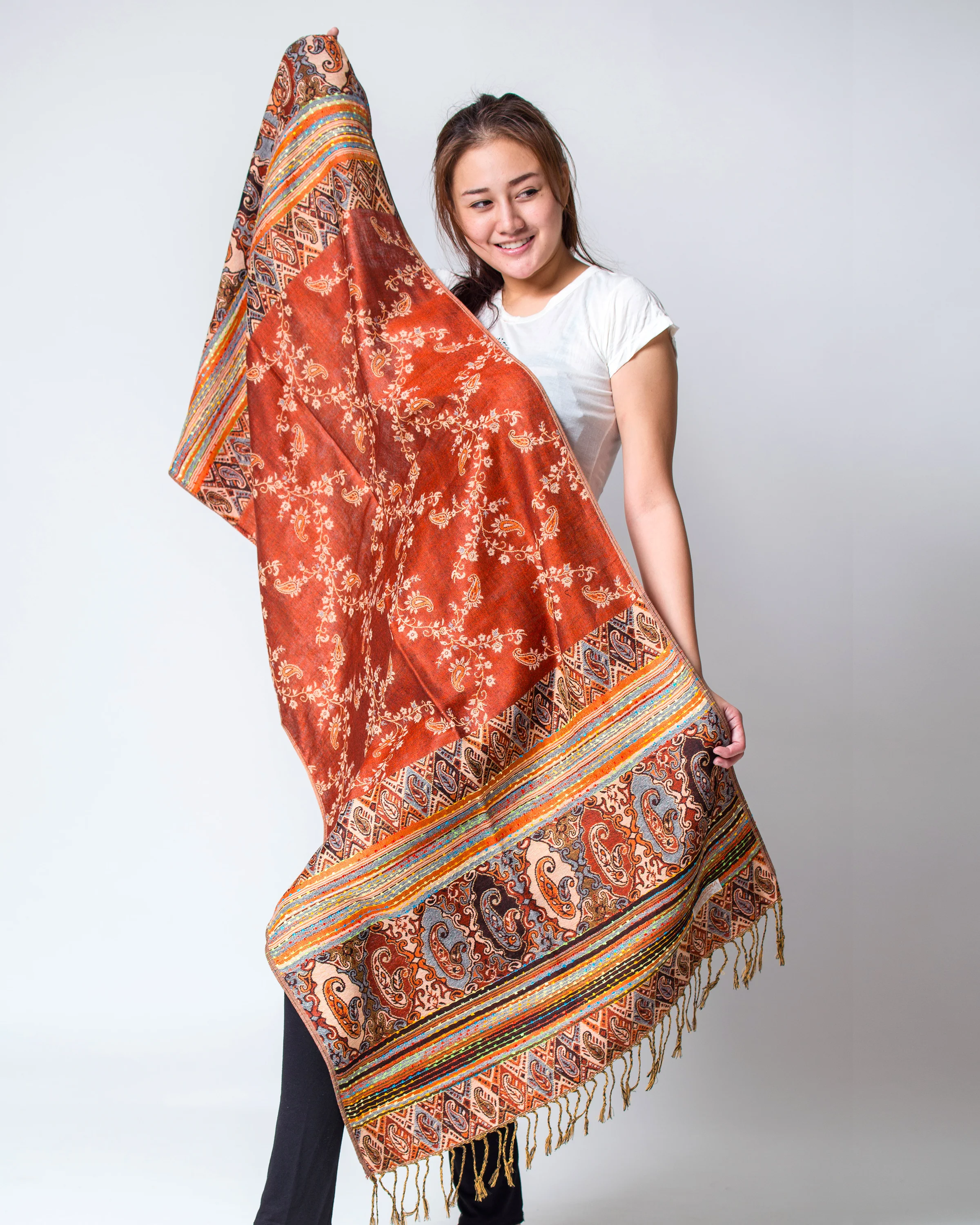 Nepal Floral Paisley Pashmina Shawl Scarf in Orange