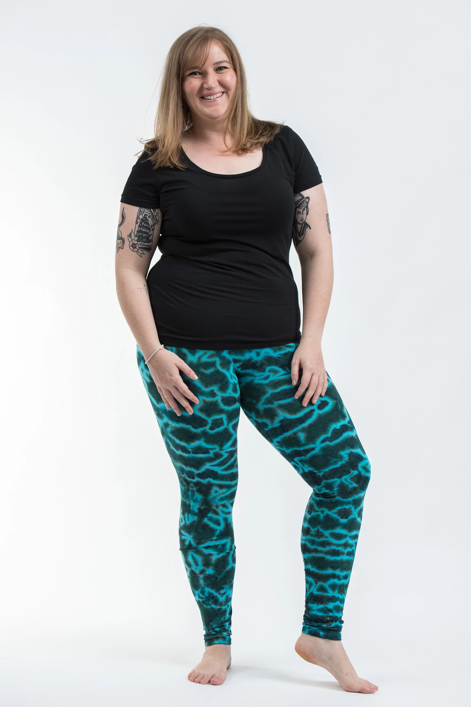 Plus Size Marble Tie Dye Cotton Leggings in Turquoise