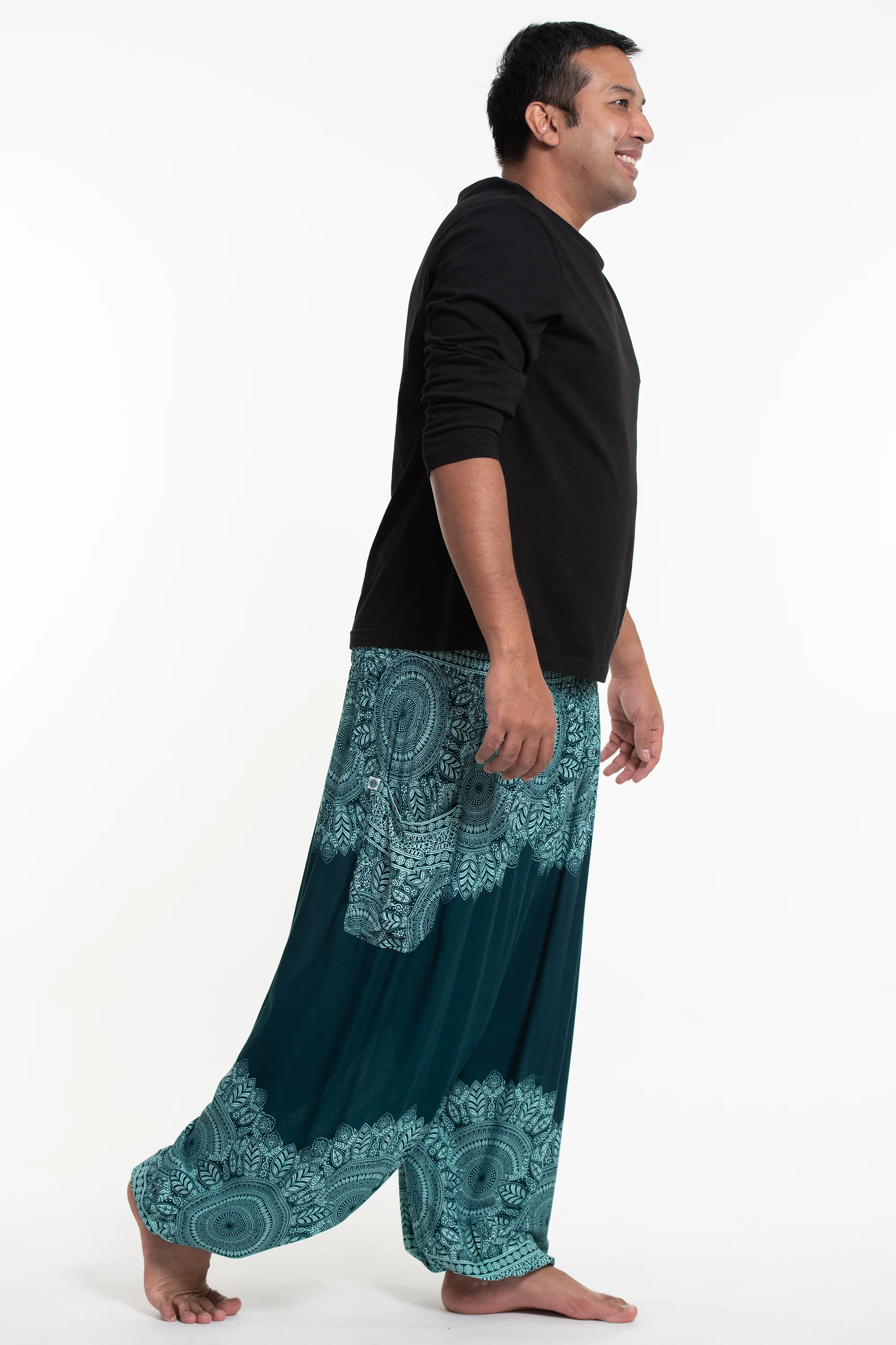 2606-Plus-Size-Floral-Mandalas-Men-s-Harem-Pants-in-Teal-3.webp Plus Size Floral Mandalas Men's Harem Pants in Teal