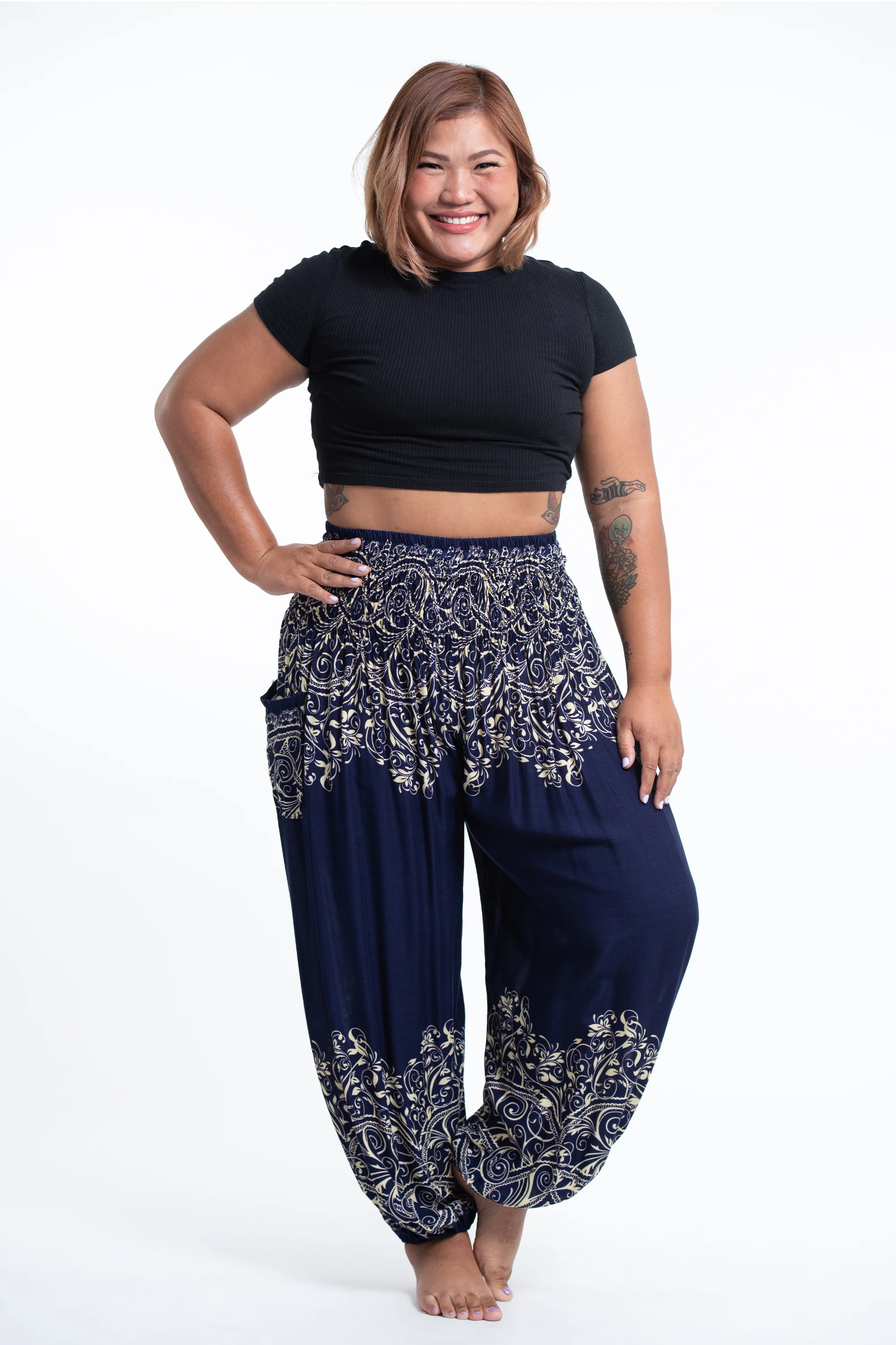 Plus Size Vines Women's Harem Pants in Blue