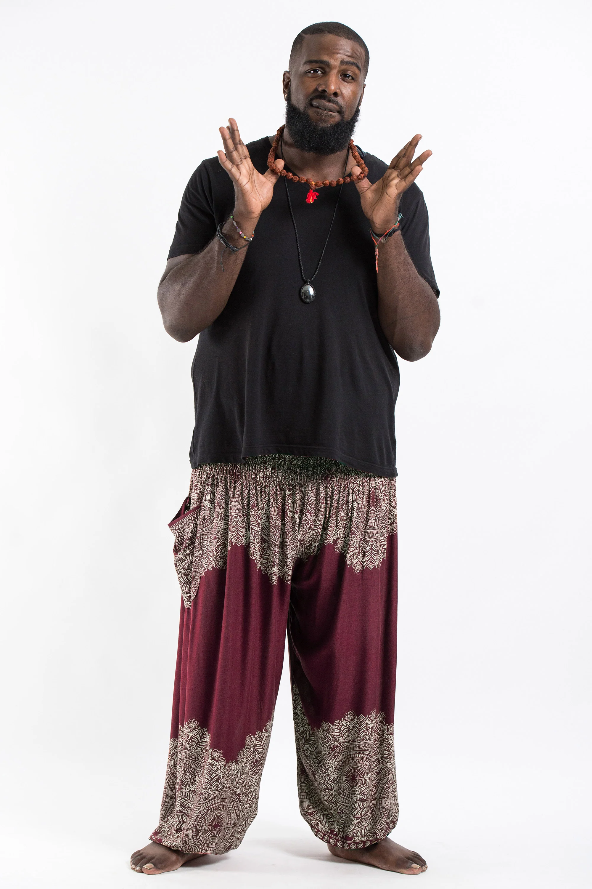 Plus Size Floral Mandalas Men's Harem Pants in Maroon