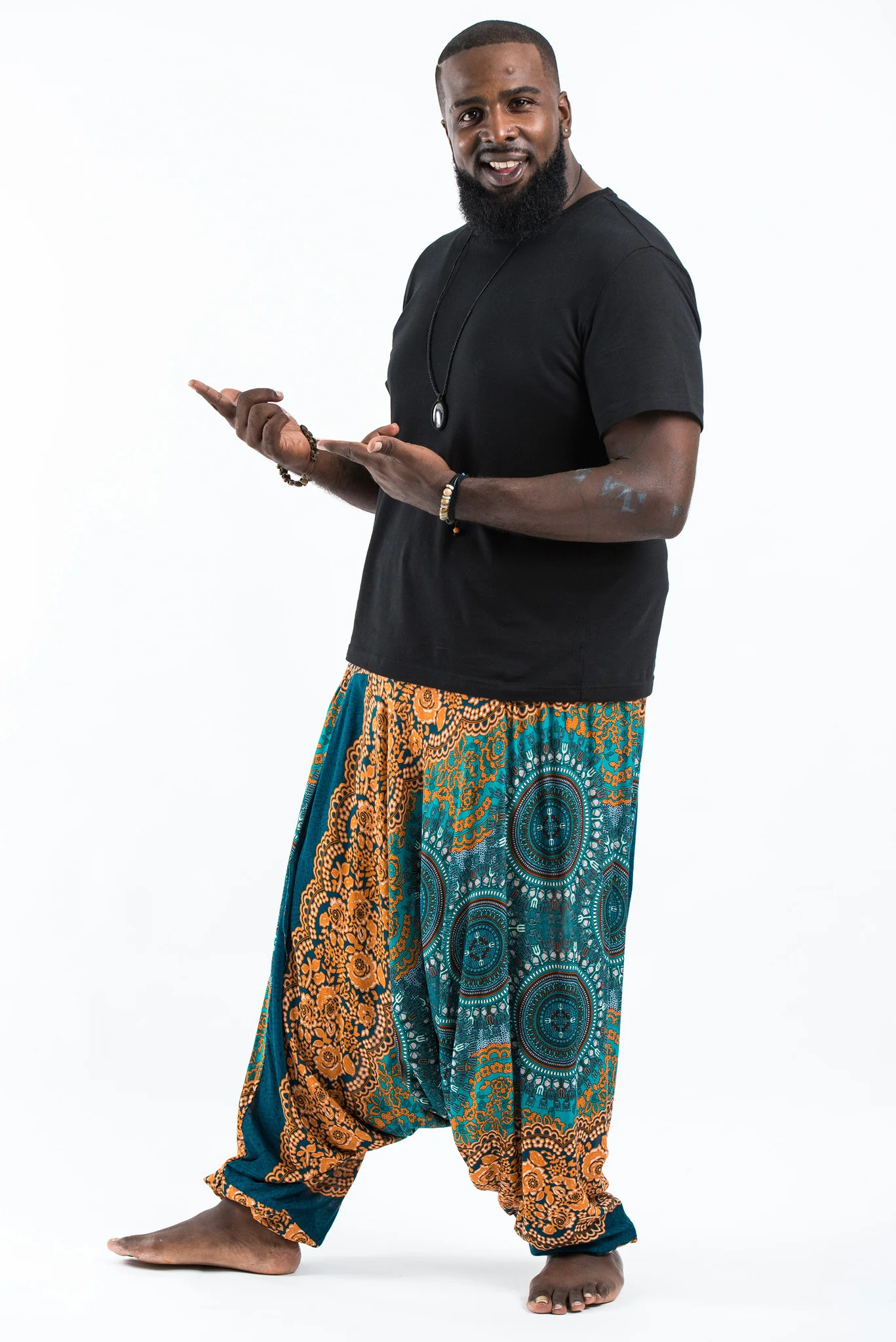 Plus Size Trishula Mandalas Drop Crotch Men's Harem Pants in Turquoise