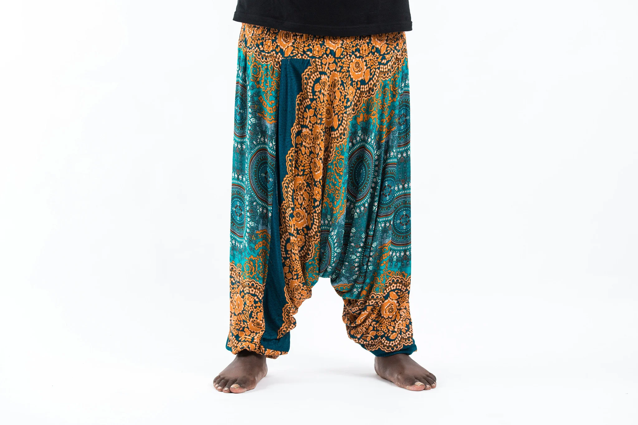 Plus Size Trishula Mandalas Drop Crotch Men's Harem Pants in Turquoise