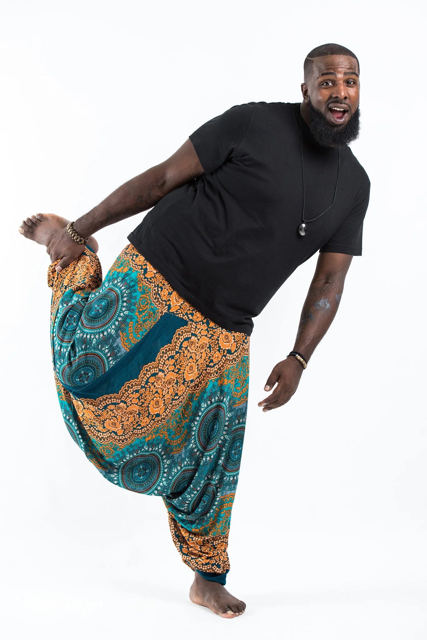 2613-Plus-Size-Trishula-Mandalas-Drop-Crotch-Men-s-Harem-Pants-in-Turquoise-3.webp Plus Size Trishula Mandalas Drop Crotch Men's Harem Pants in Turquoise