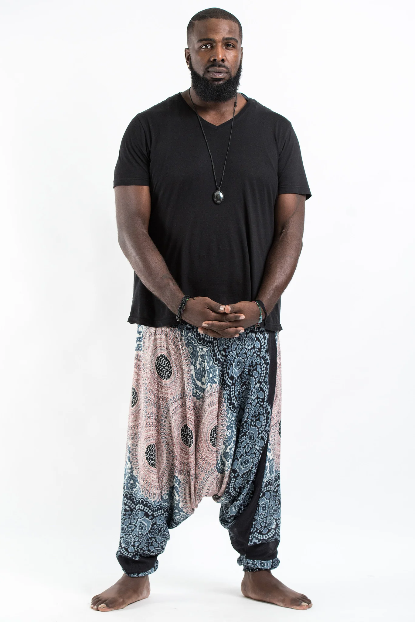 Plus Size Geometric Mandalas Drop Crotch Men's Harem Pants in Silver Gray