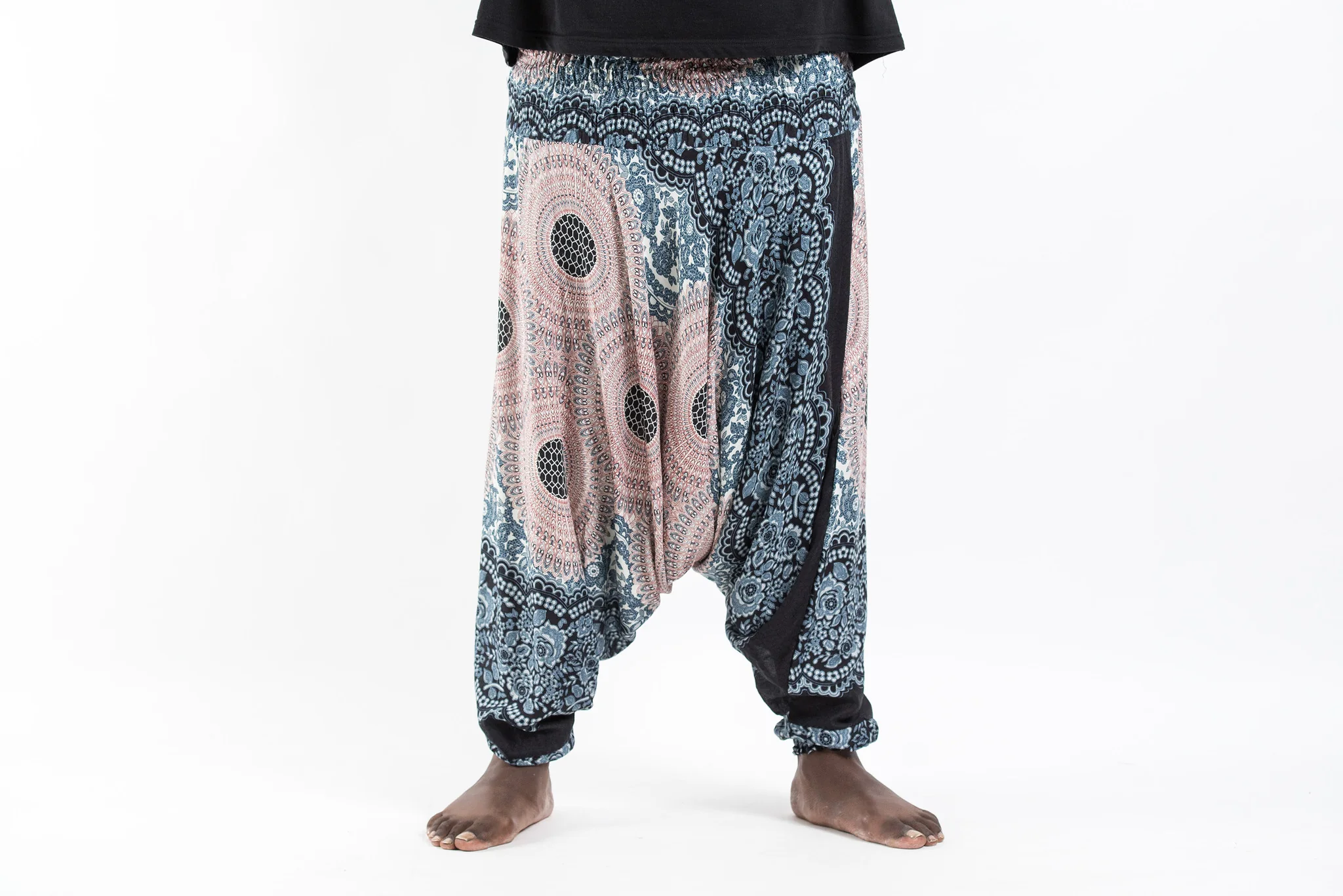 Plus Size Geometric Mandalas Drop Crotch Men's Harem Pants in Silver Gray