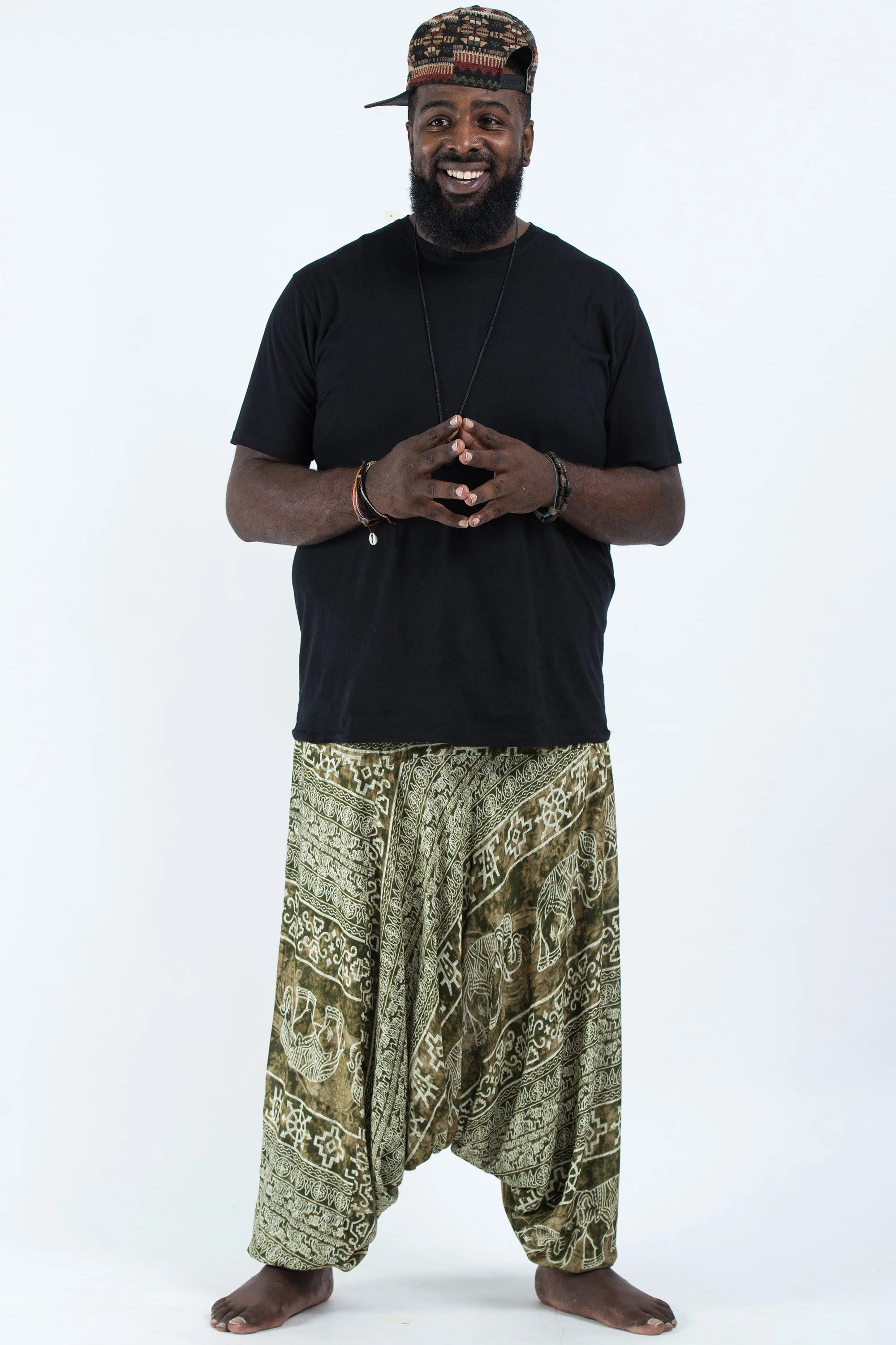 Plus Size Marble Elephant Drop Crotch Men's Elephant Pants in Olive