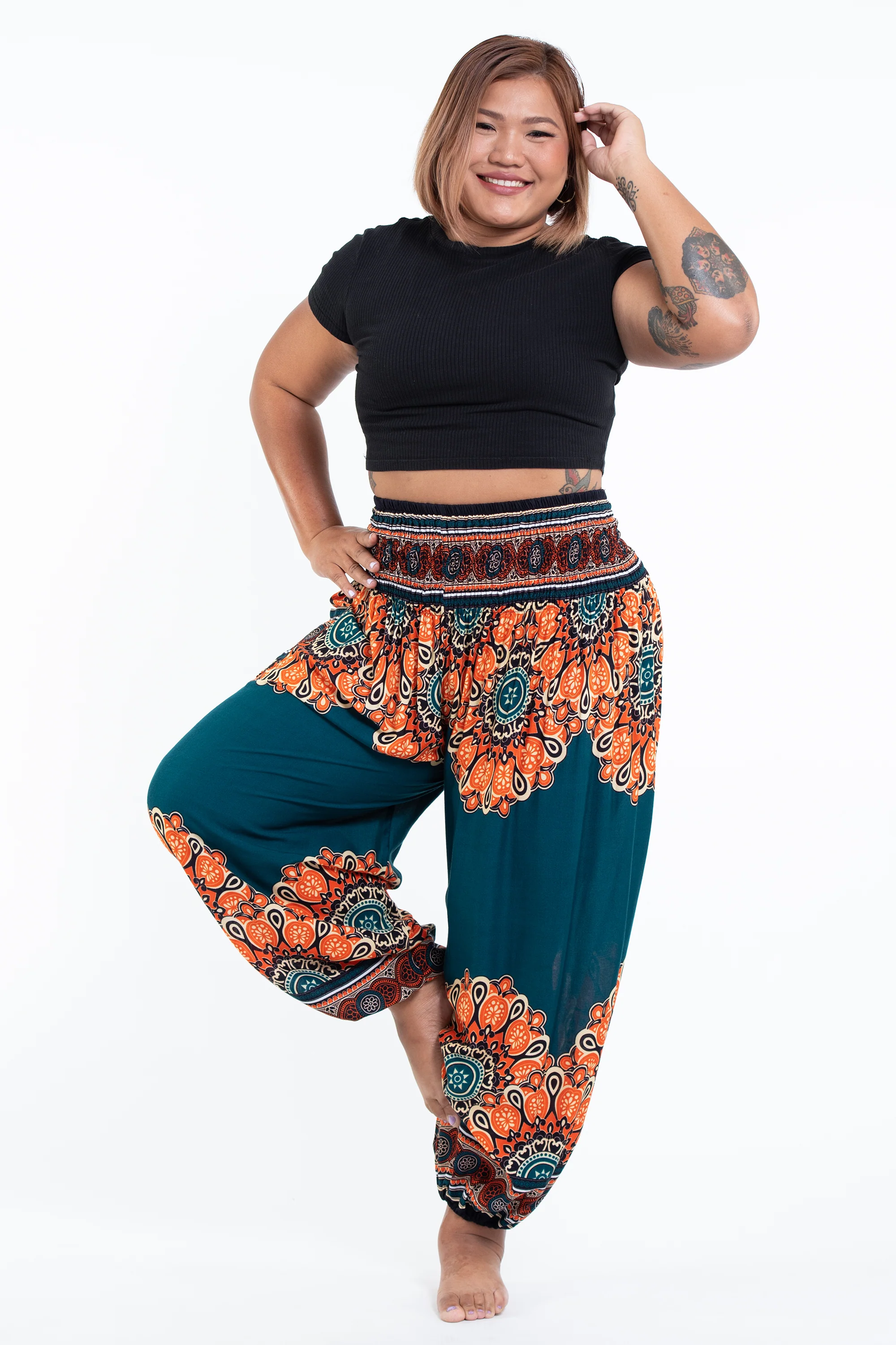 Plus Size Peony Mandalas Women's Harem Pants in Teal