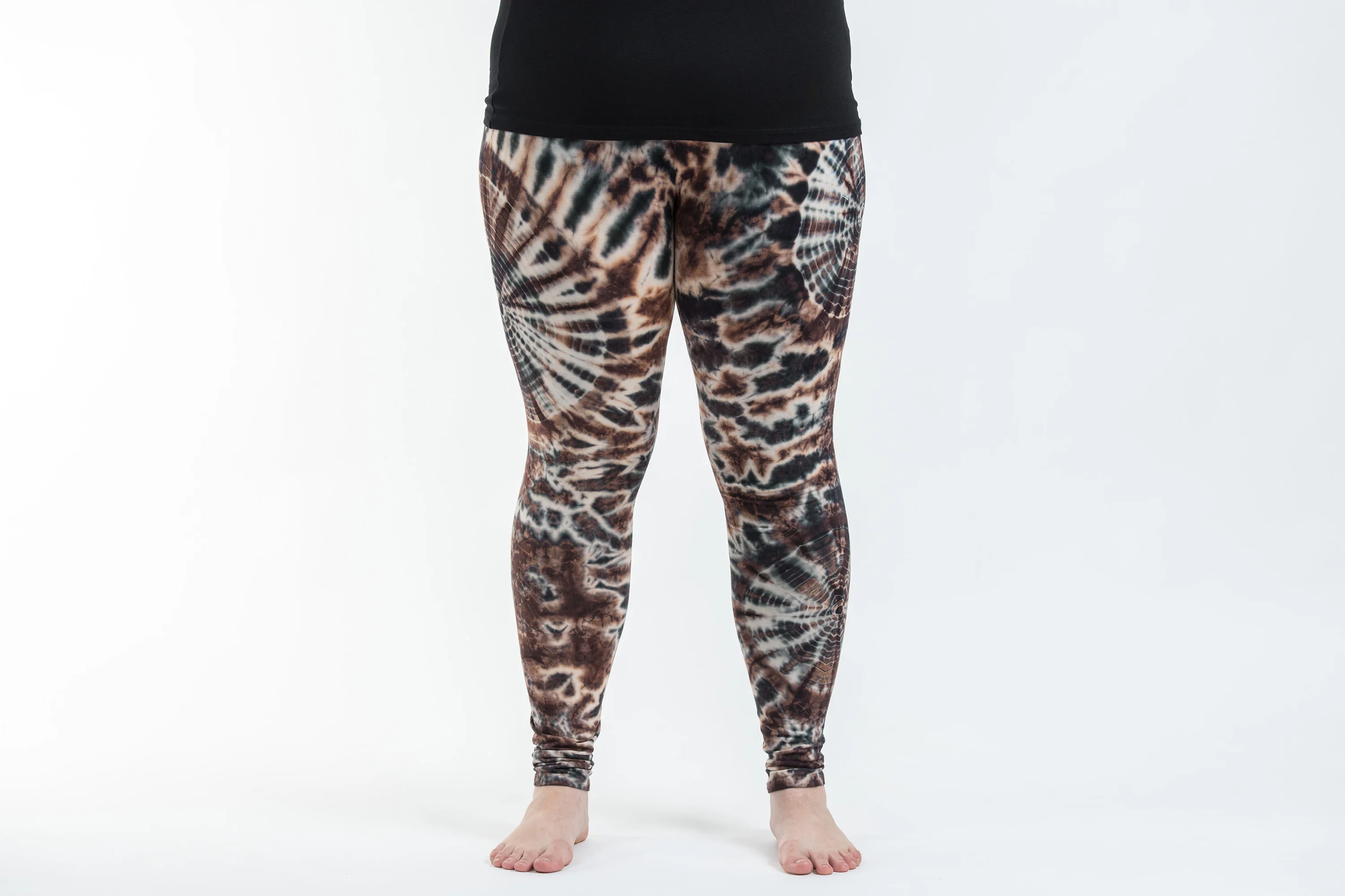 Plus Size Swirls Tie Dye Cotton Leggings in Tan