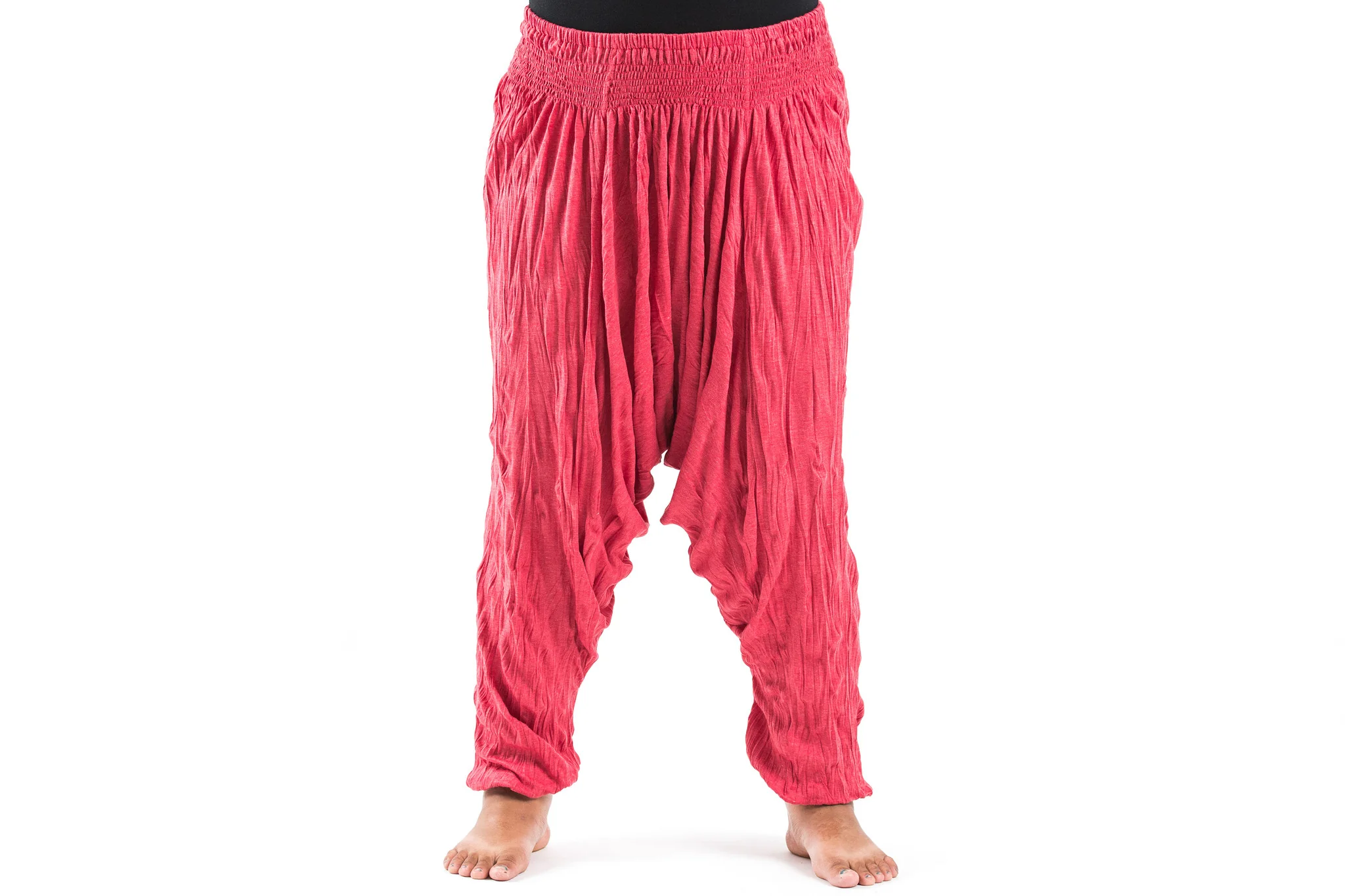Plus Size Crinkled Cotton Harem Pants in Red