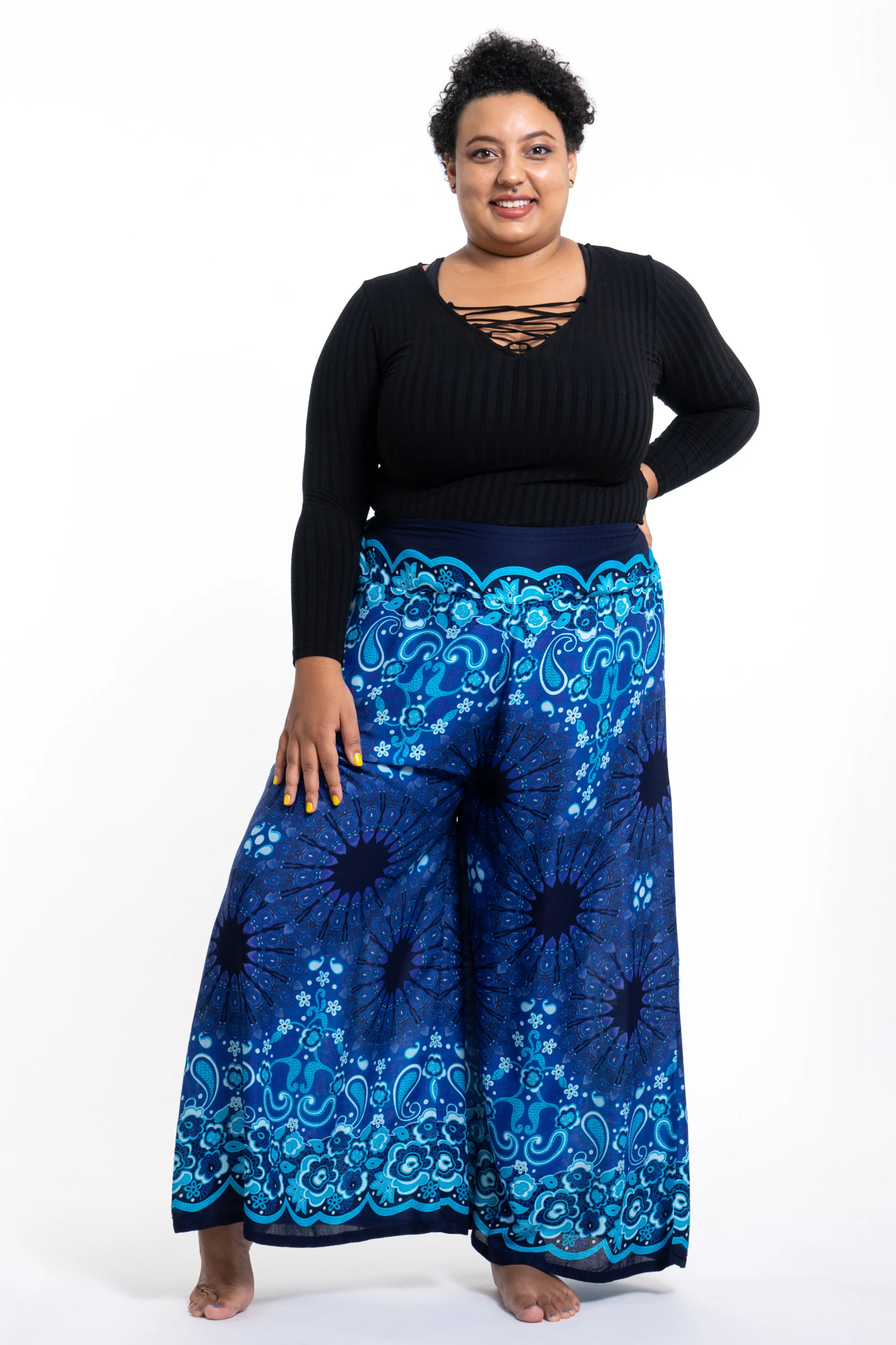 Plus Size Paisley Mandalas Palazzo Style Harem Pants in Blue
