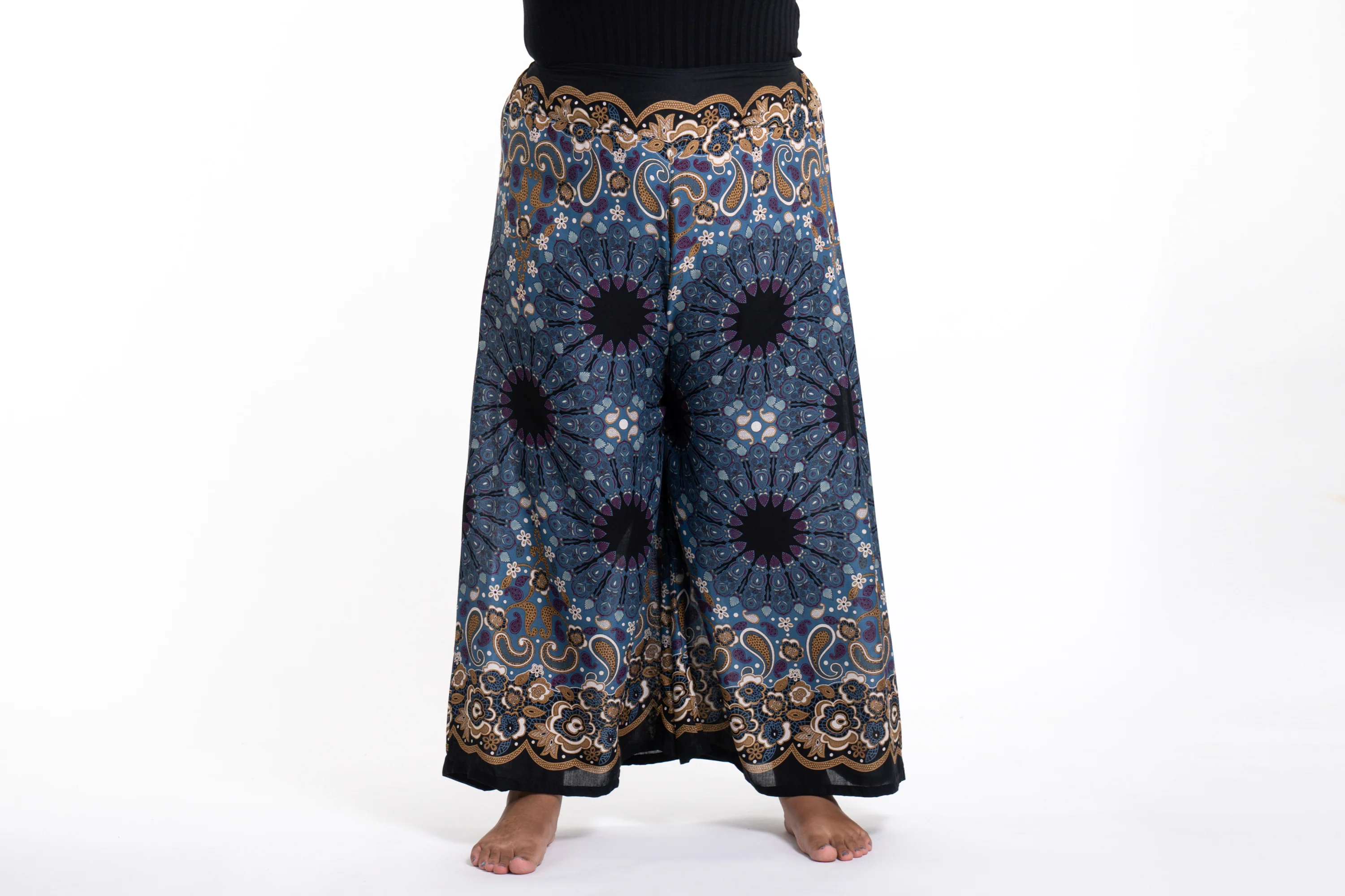 Plus Size Paisley Mandalas Palazzo Style Harem Pants in Blue Gray