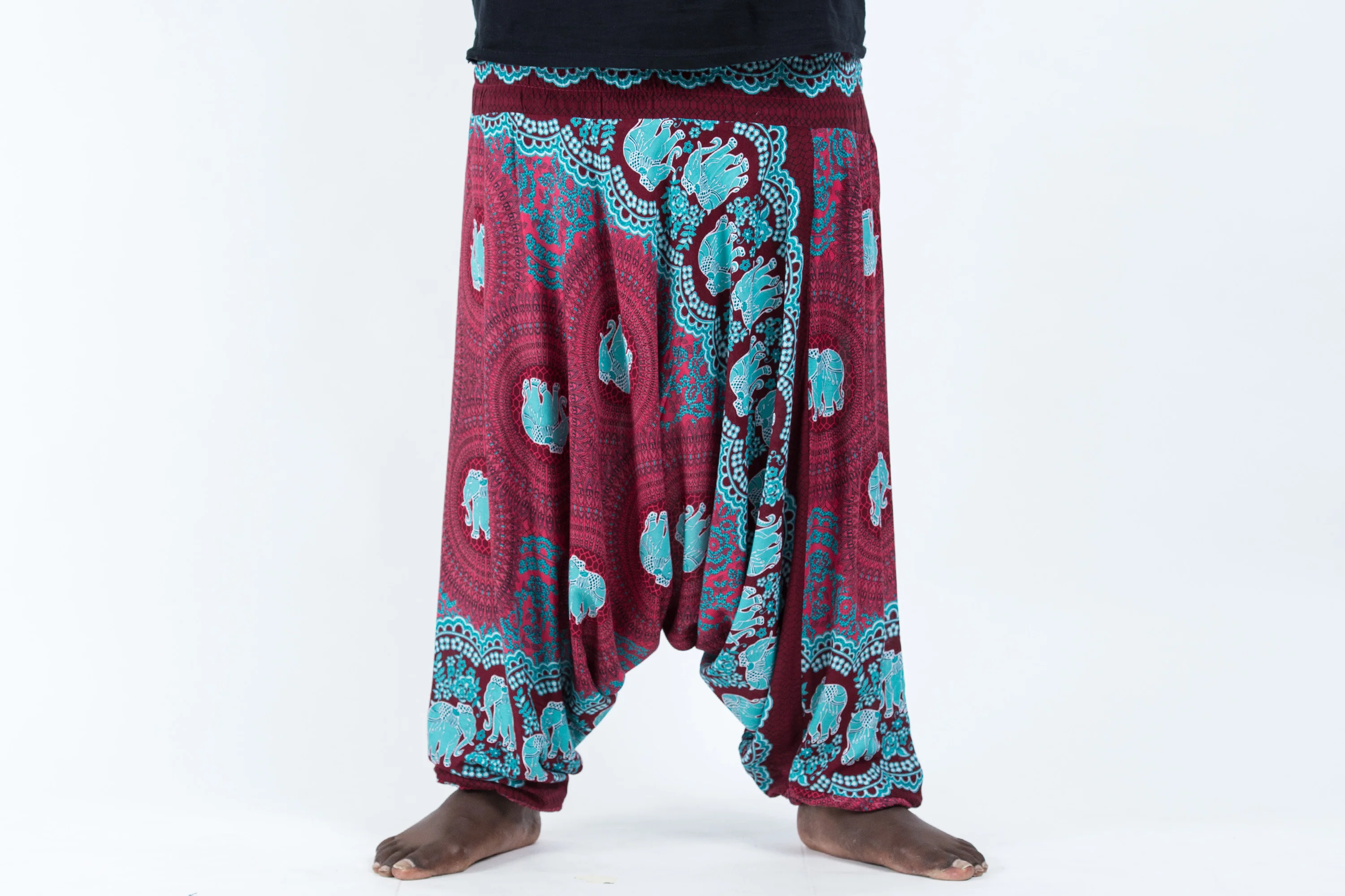 Plus Size Mandala Elephant Drop Crotch Men's Elephant Pants in Red