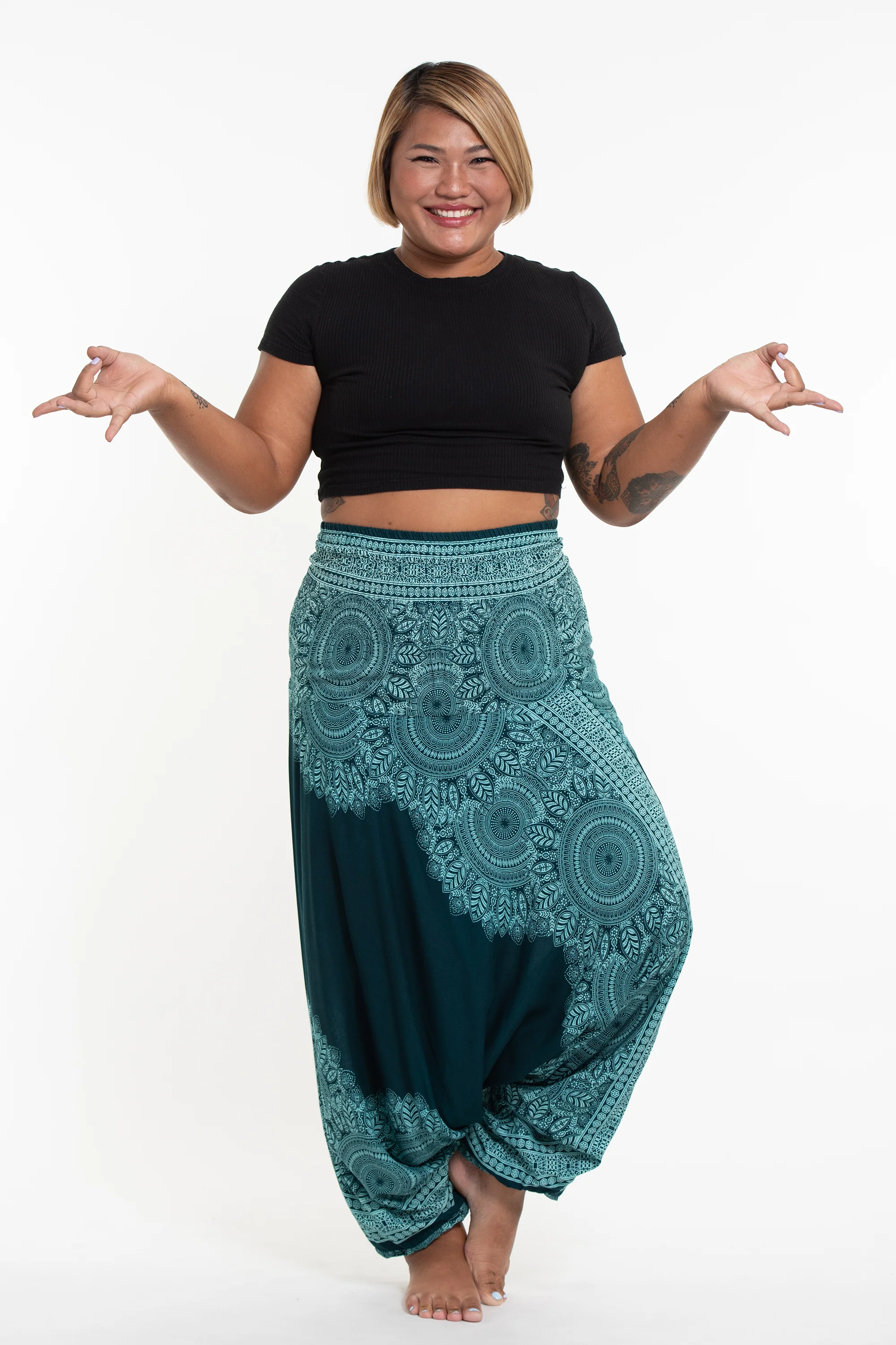 Plus Size Floral Mandalas 2-in-1 Jumpsuit Harem Pants in Teal