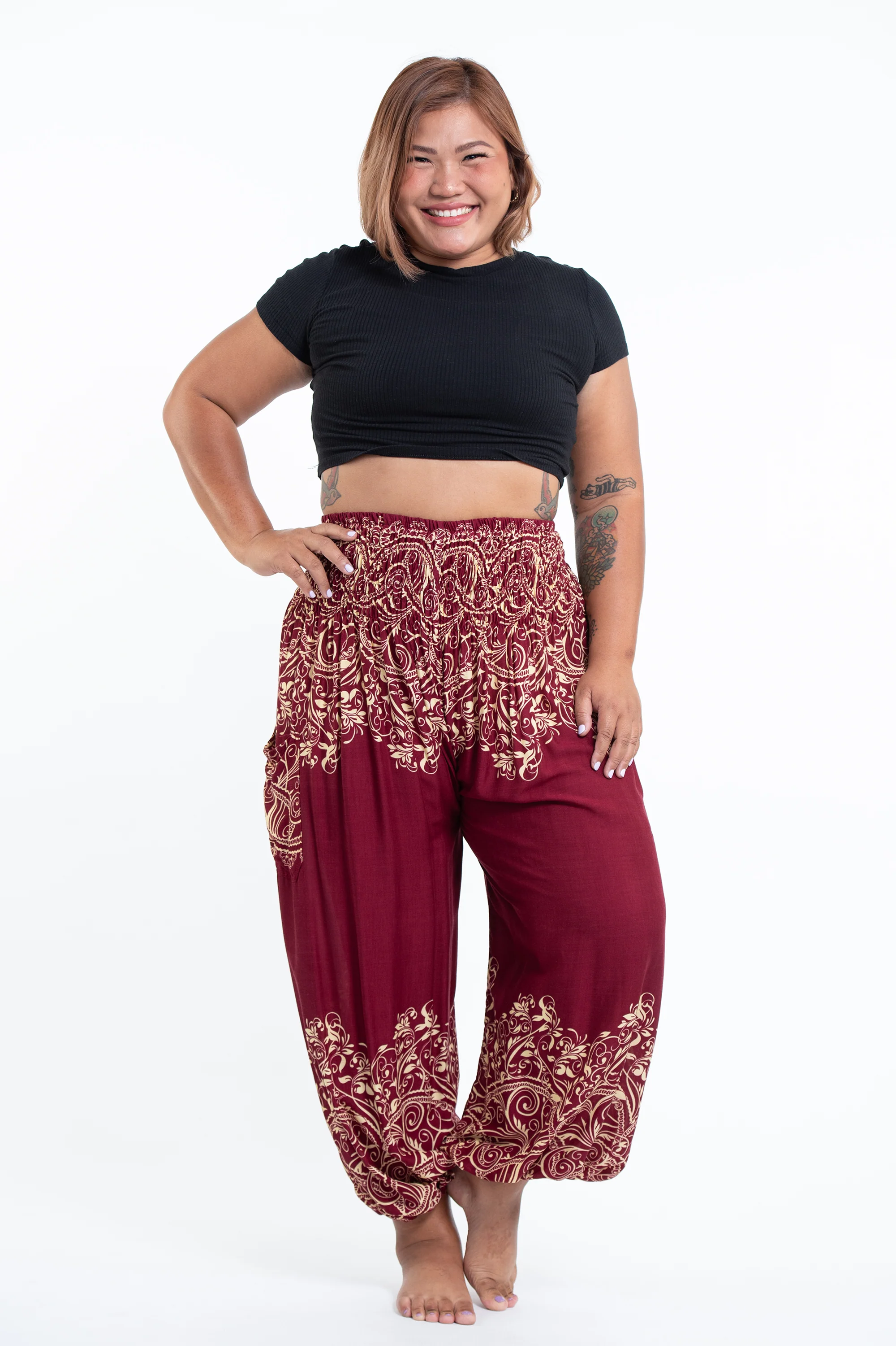 Plus Size Vines Women's Harem Pants in Red