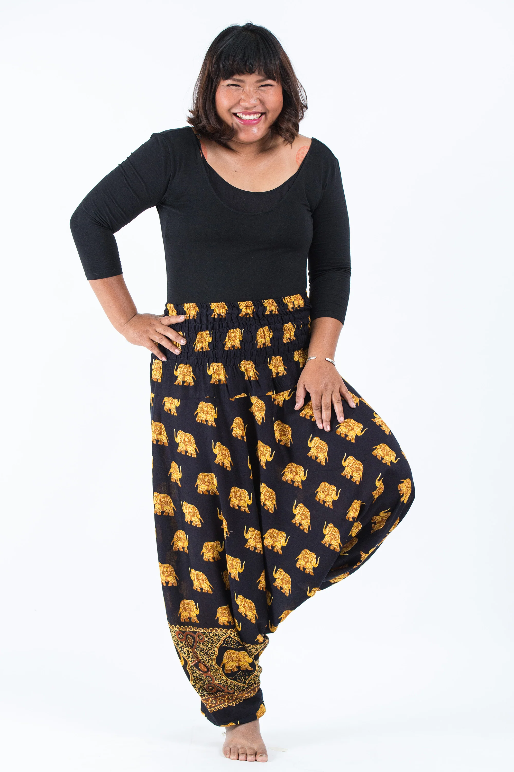 Plus Size Golden Elephant 2-in-1 Jumpsuit Elephant Pants in Black