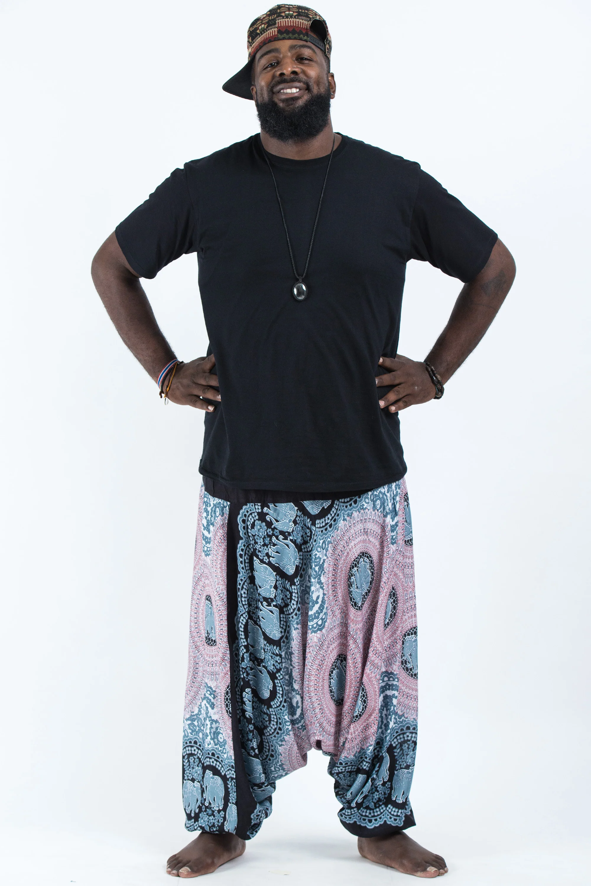 Plus Size Mandala Elephant Drop Crotch Men's Elephant Pants in Silver Gray