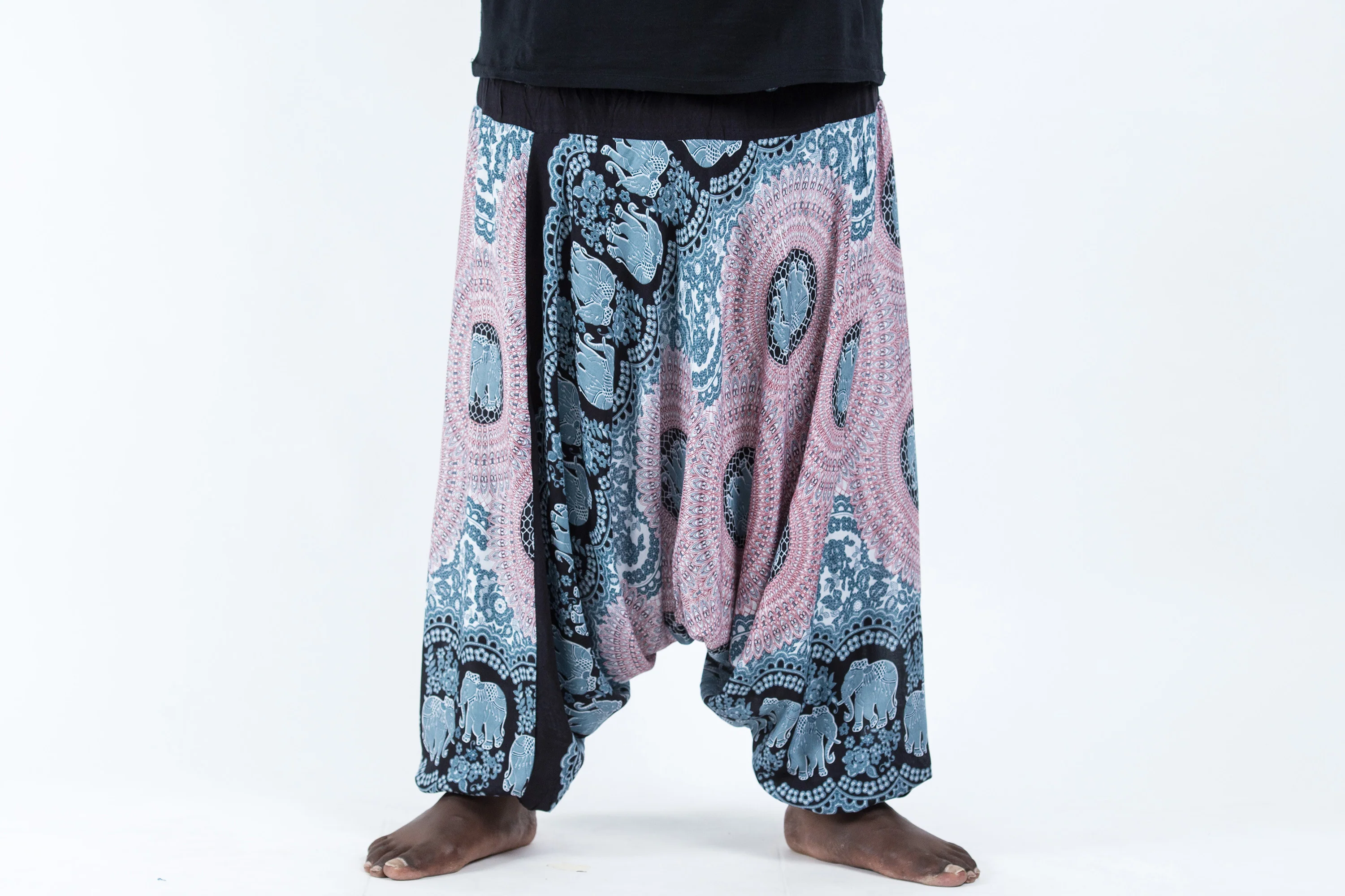 Plus Size Mandala Elephant Drop Crotch Men's Elephant Pants in Silver Gray