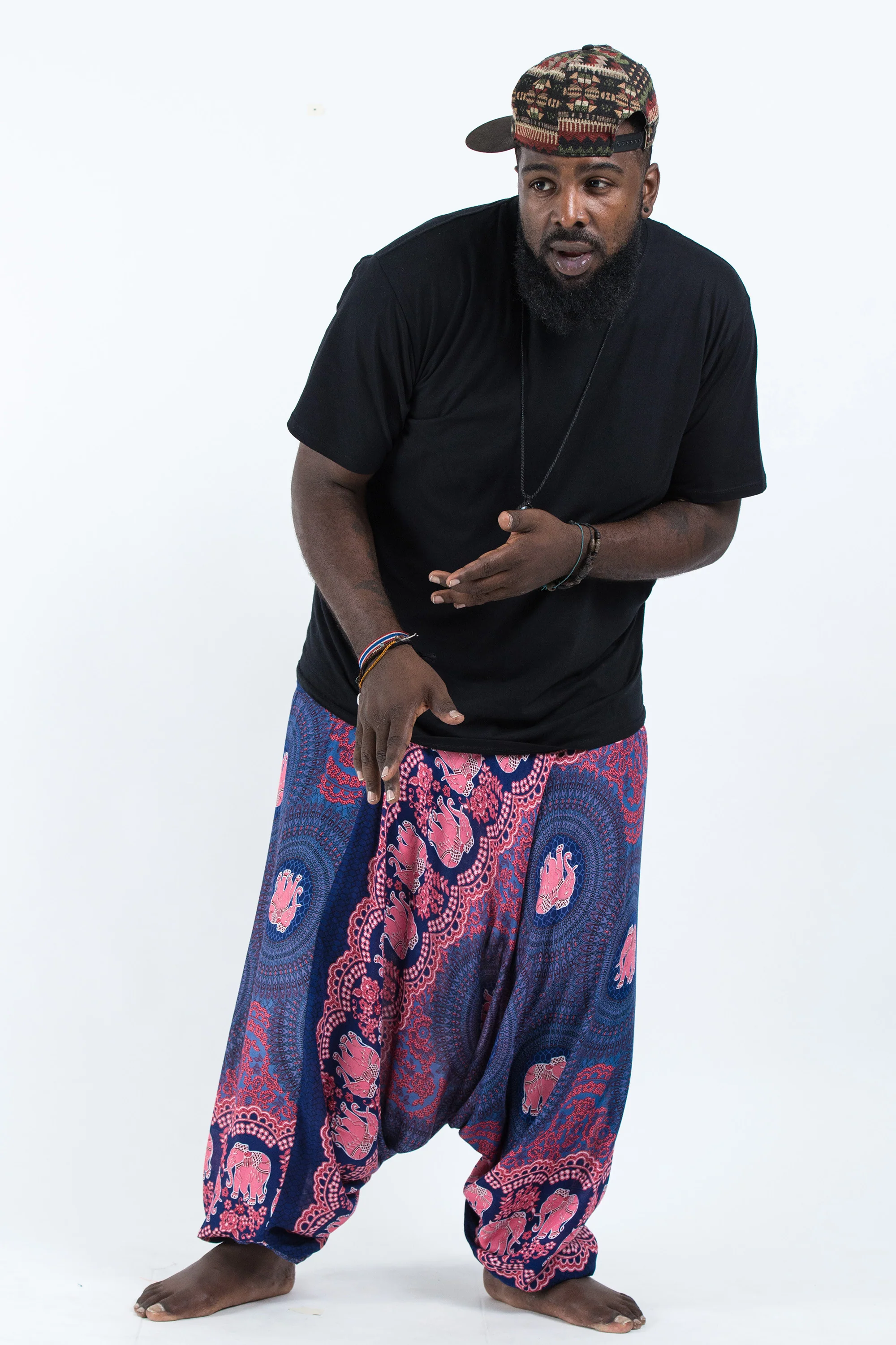 Plus Size Mandala Elephant Drop Crotch Men's Elephant Pants in Blue