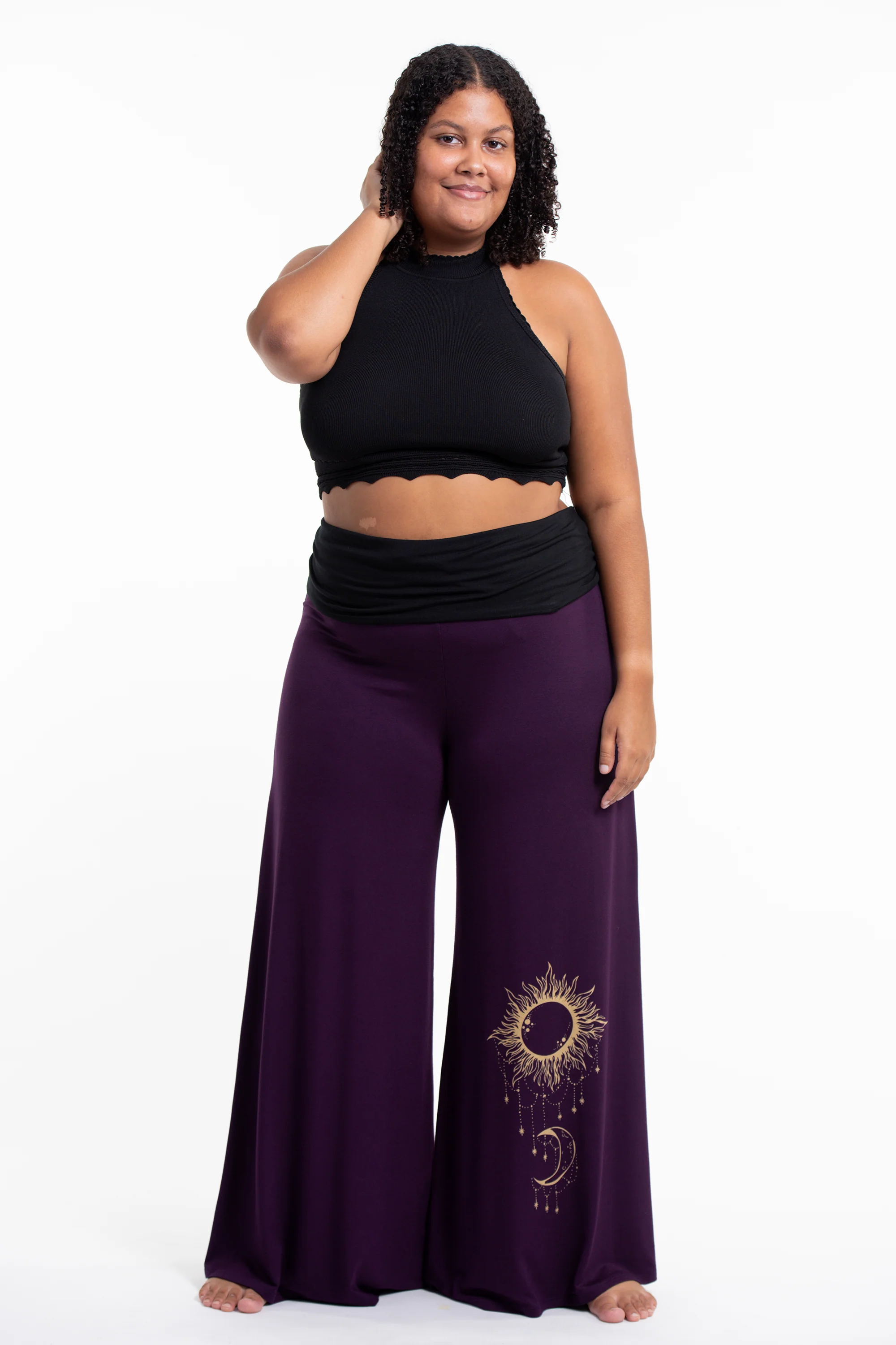 Plus Size Sun Moon Print Wide Leg Palazzo Harem Pants Cotton Spandex in Purple
