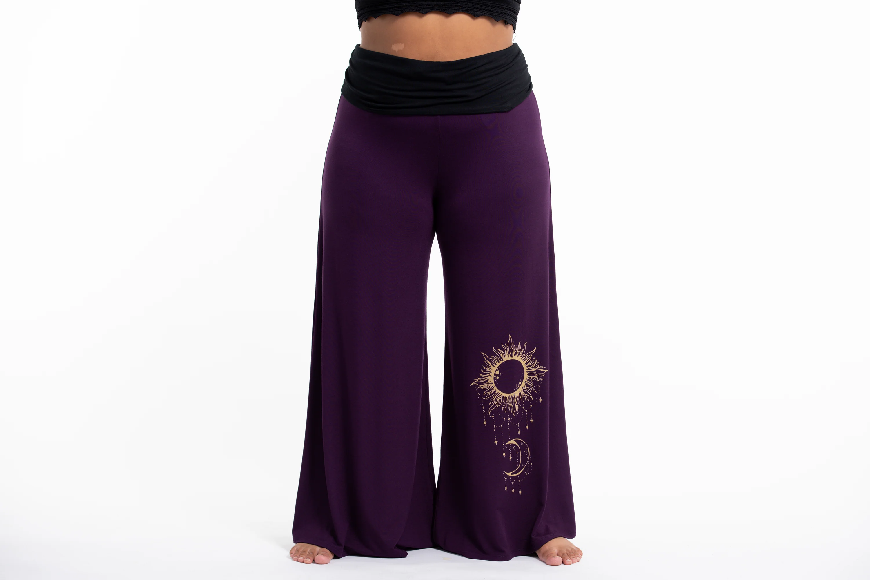 Plus Size Sun Moon Print Wide Leg Palazzo Harem Pants Cotton Spandex in Purple