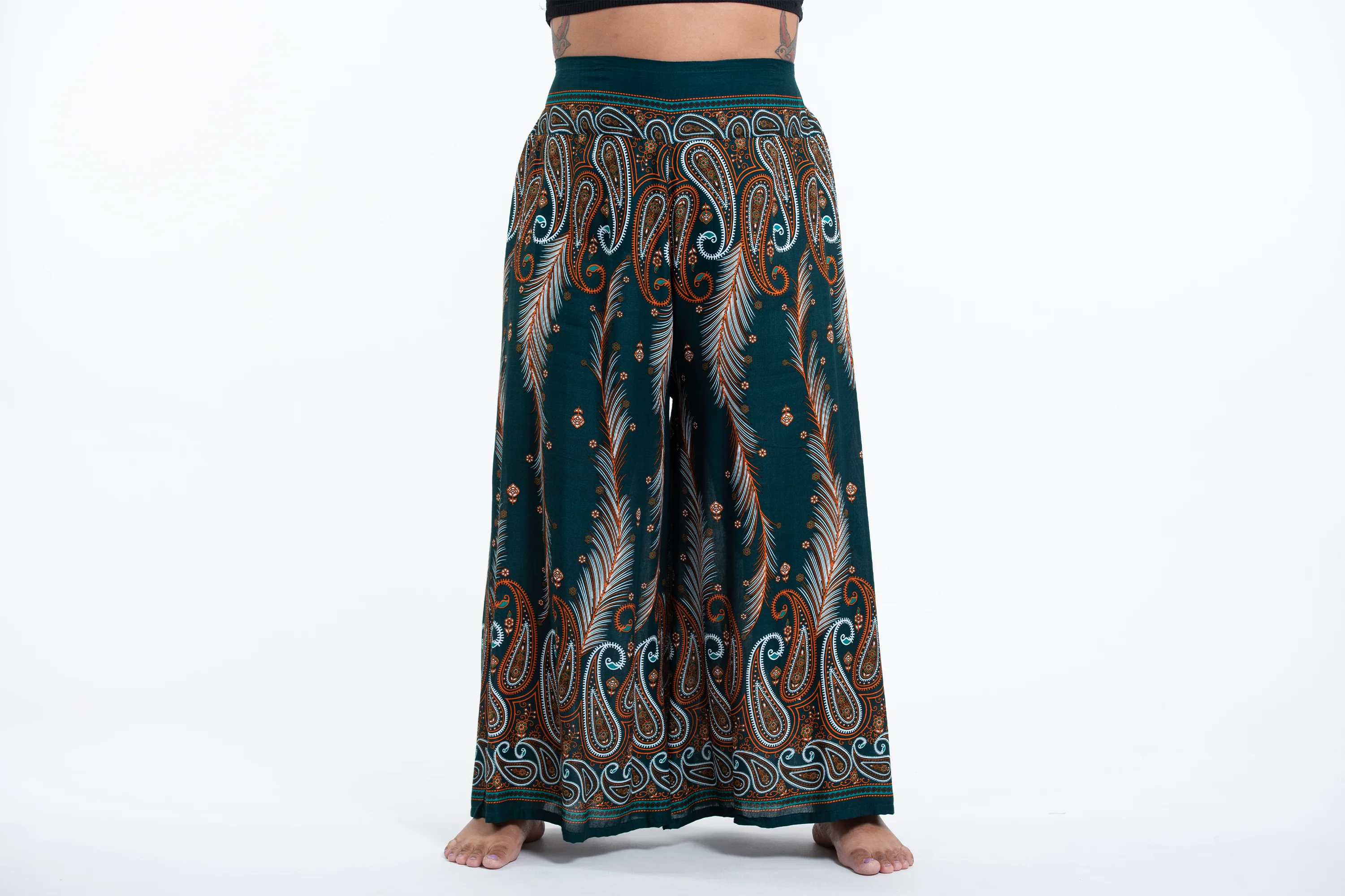 Plus Size Paisley Feathers Palazzo Style Harem Pants in Green