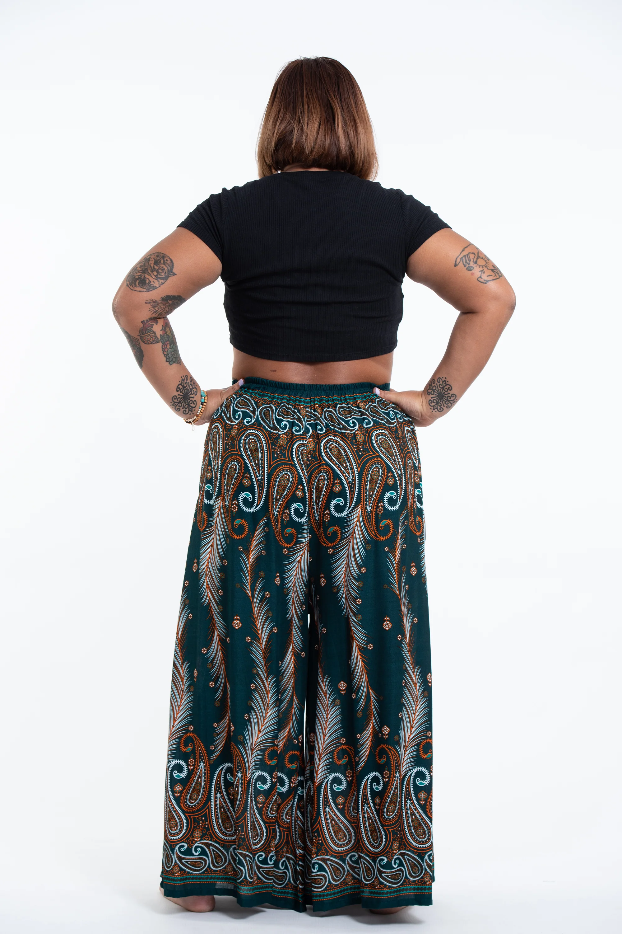 2641-Plus-Size-Paisley-Feathers-Palazzo-Style-Harem-Pants-in-Green-4.webp Plus Size Paisley Feathers Palazzo Style Harem Pants in Green