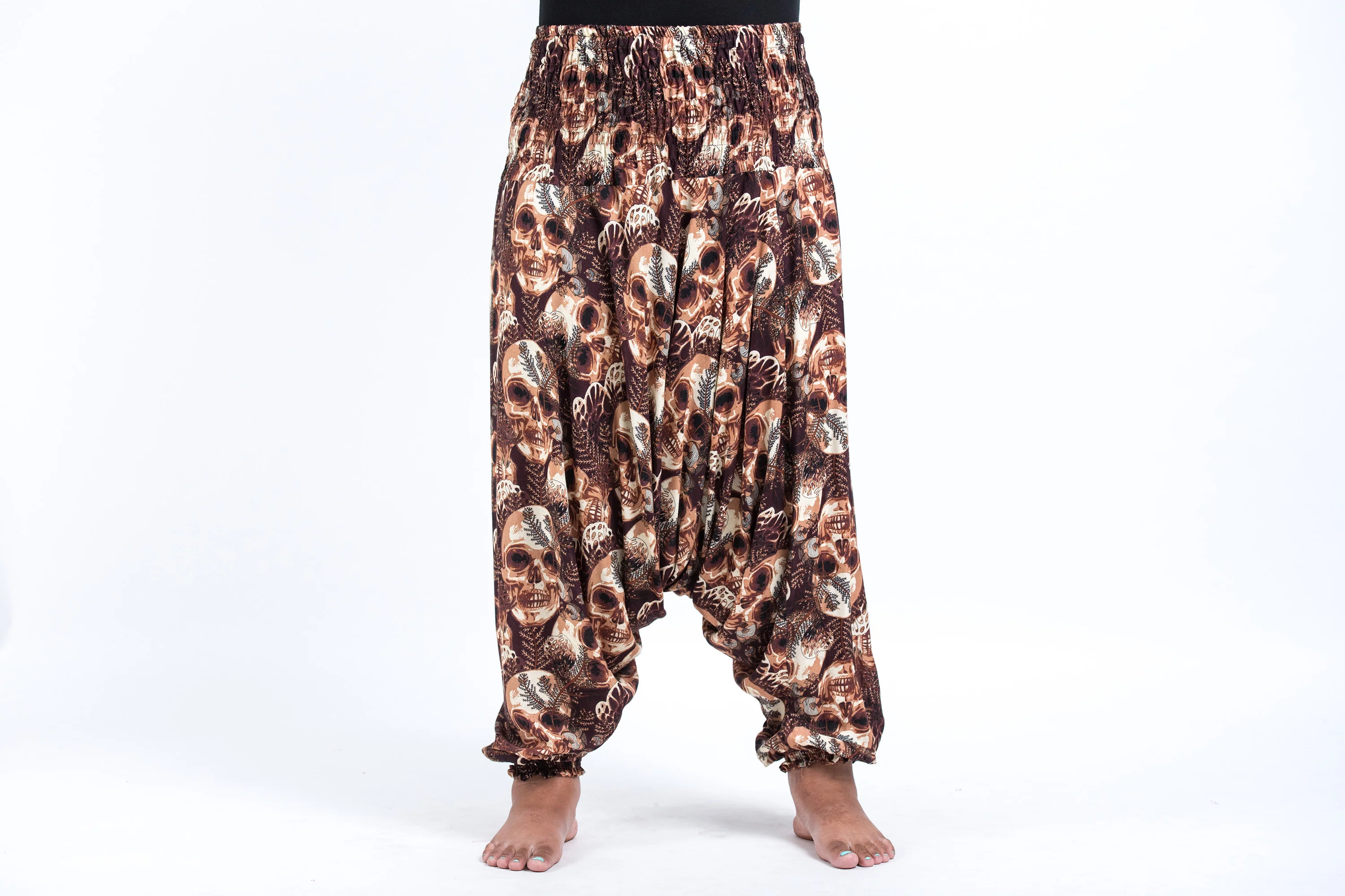 Plus Size Skulls 2-in-1 Jumpsuit Harem Pants in Brown