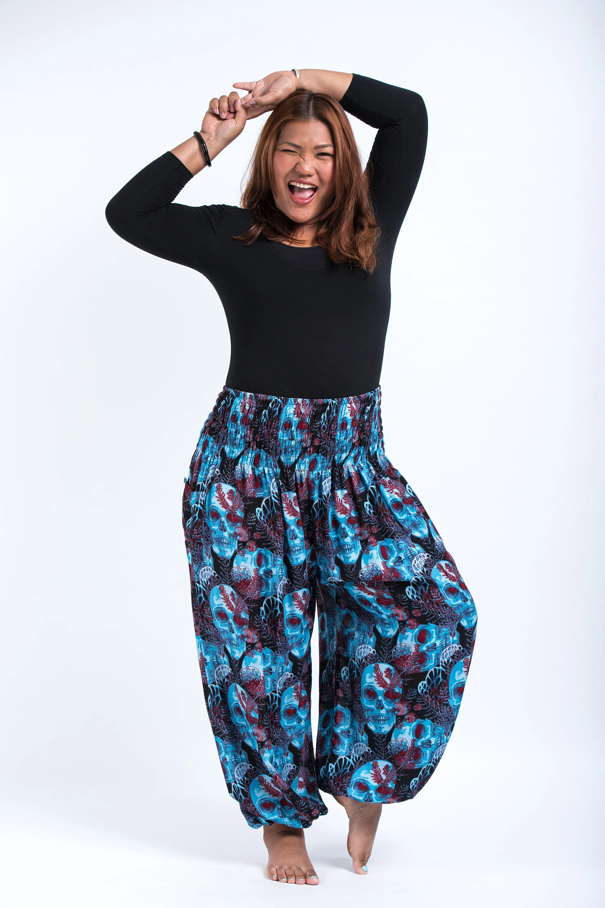 Plus Size Skulls Women's Harem Pants in Black Blue