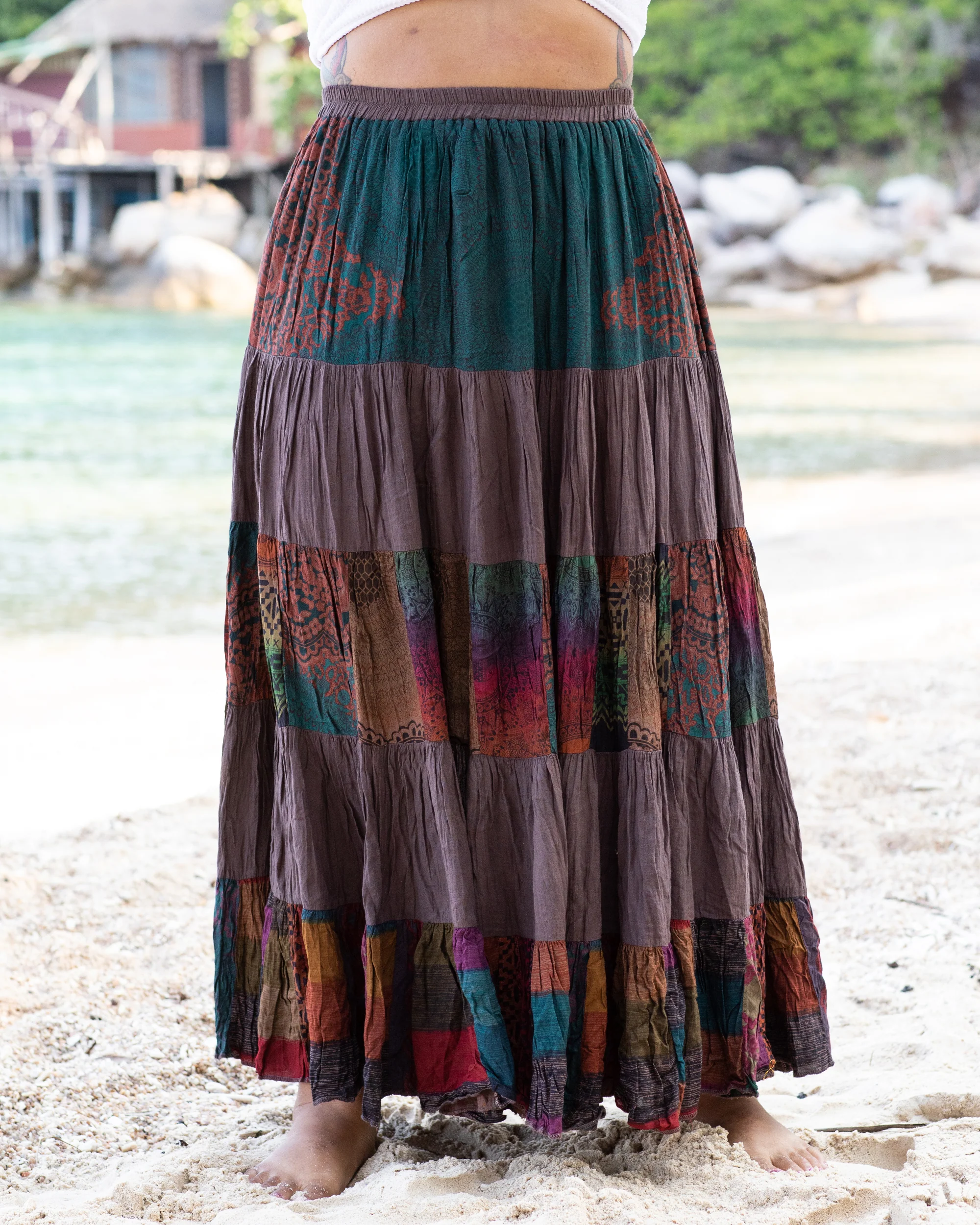 Plus Size Patchwork Long Skirt in Brown