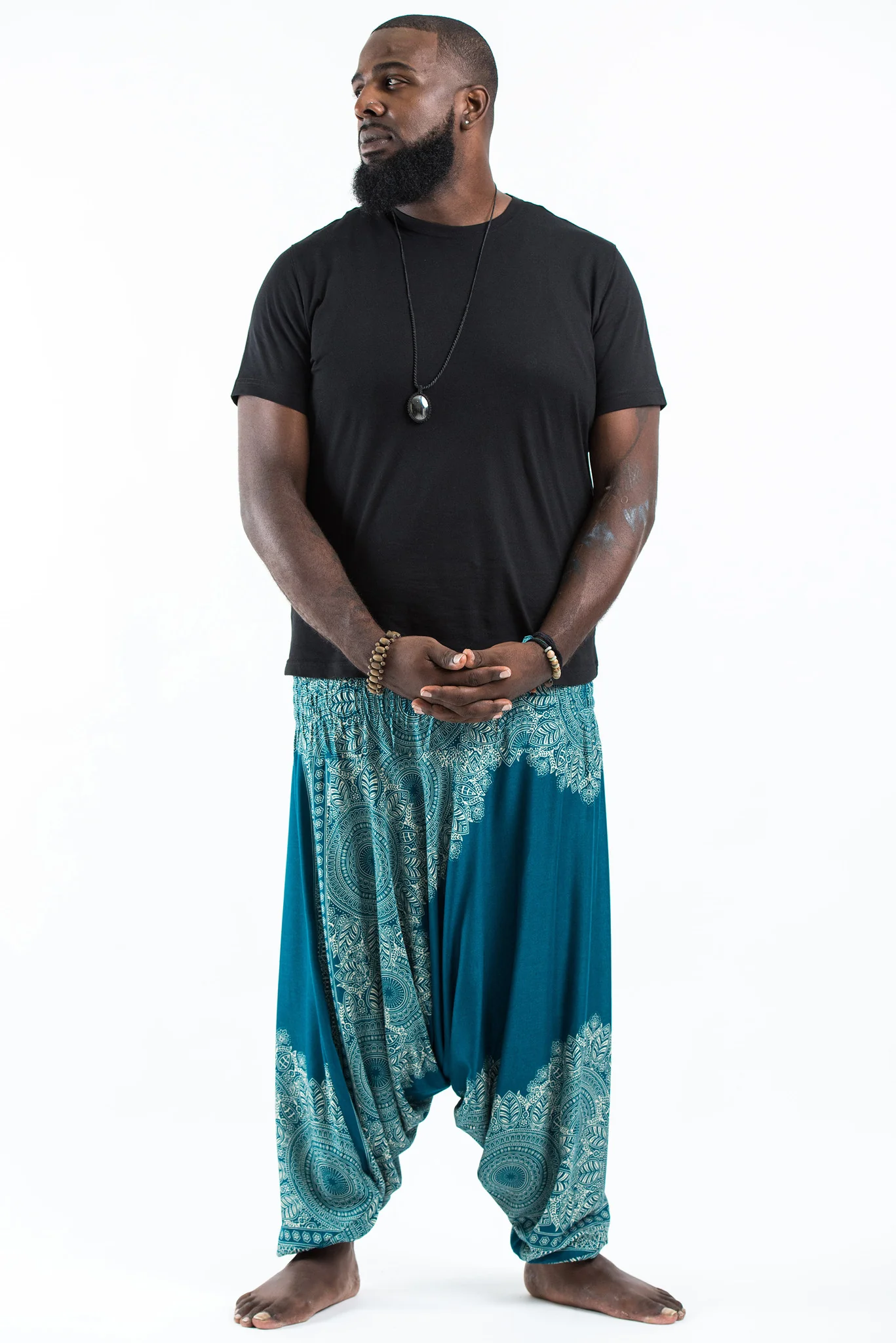 Plus Size Floral Mandalas Drop Crotch Men's Harem Pants in Turquoise