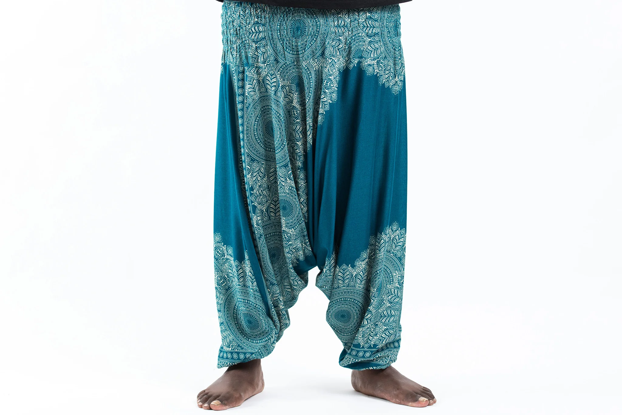 2649-Plus-Size-Floral-Mandalas-Drop-Crotch-Men-s-Harem-Pants-in-Turquoise-2.webp Plus Size Floral Mandalas Drop Crotch Men's Harem Pants in Turquoise
