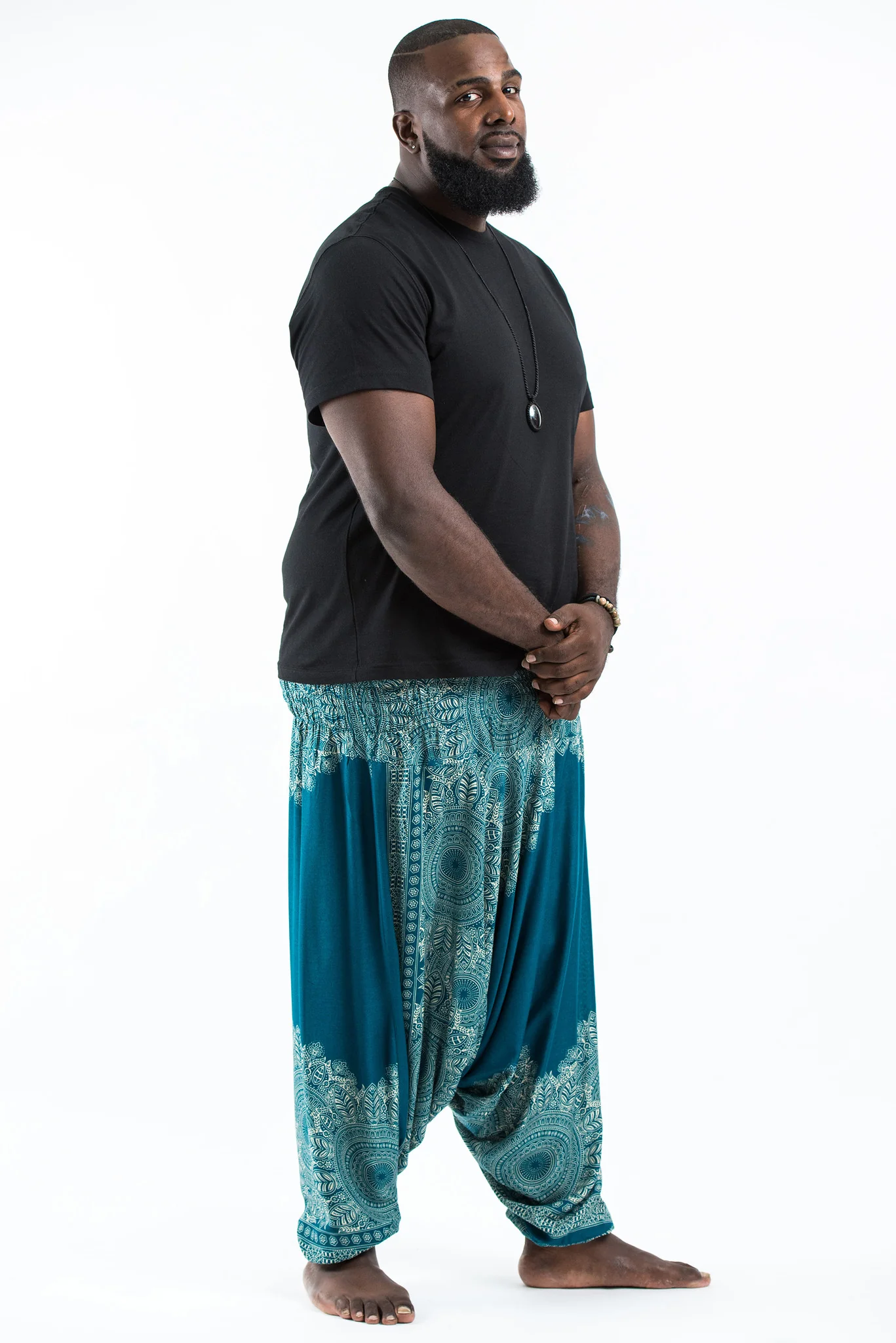 2649-Plus-Size-Floral-Mandalas-Drop-Crotch-Men-s-Harem-Pants-in-Turquoise-3.webp Plus Size Floral Mandalas Drop Crotch Men's Harem Pants in Turquoise