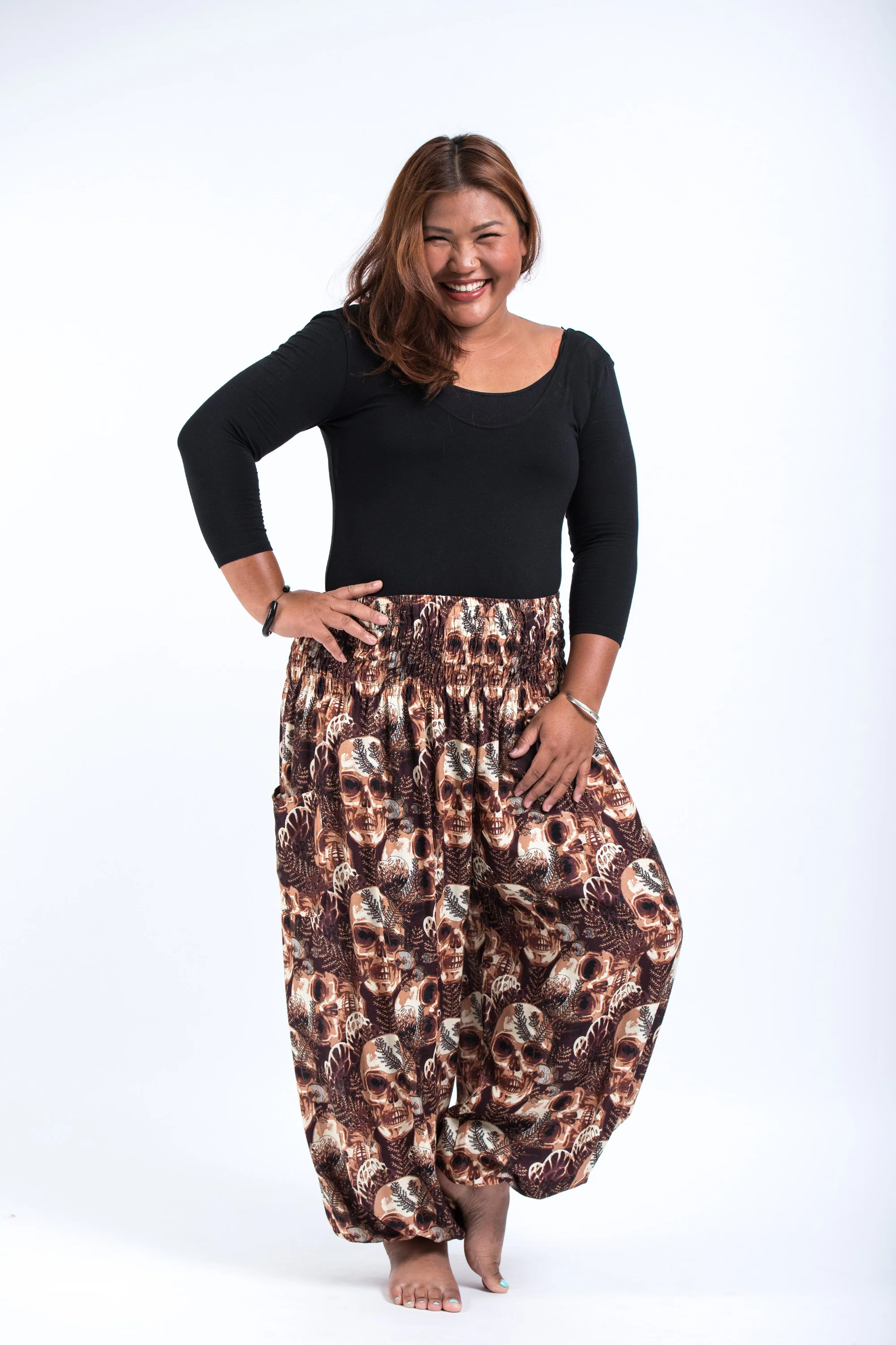 Plus Size Skulls Women's Harem Pants in Brown