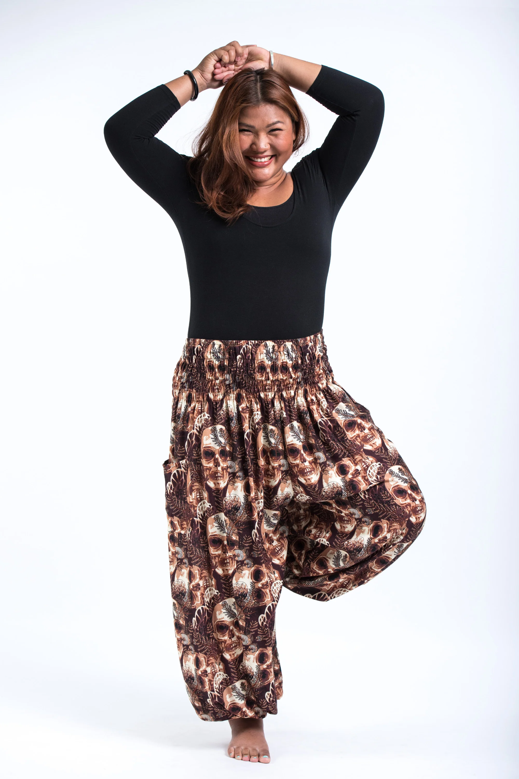 2654-Plus-Size-Skulls-Women-s-Harem-Pants-in-Brown-5.webp Plus Size Skulls Women's Harem Pants in Brown