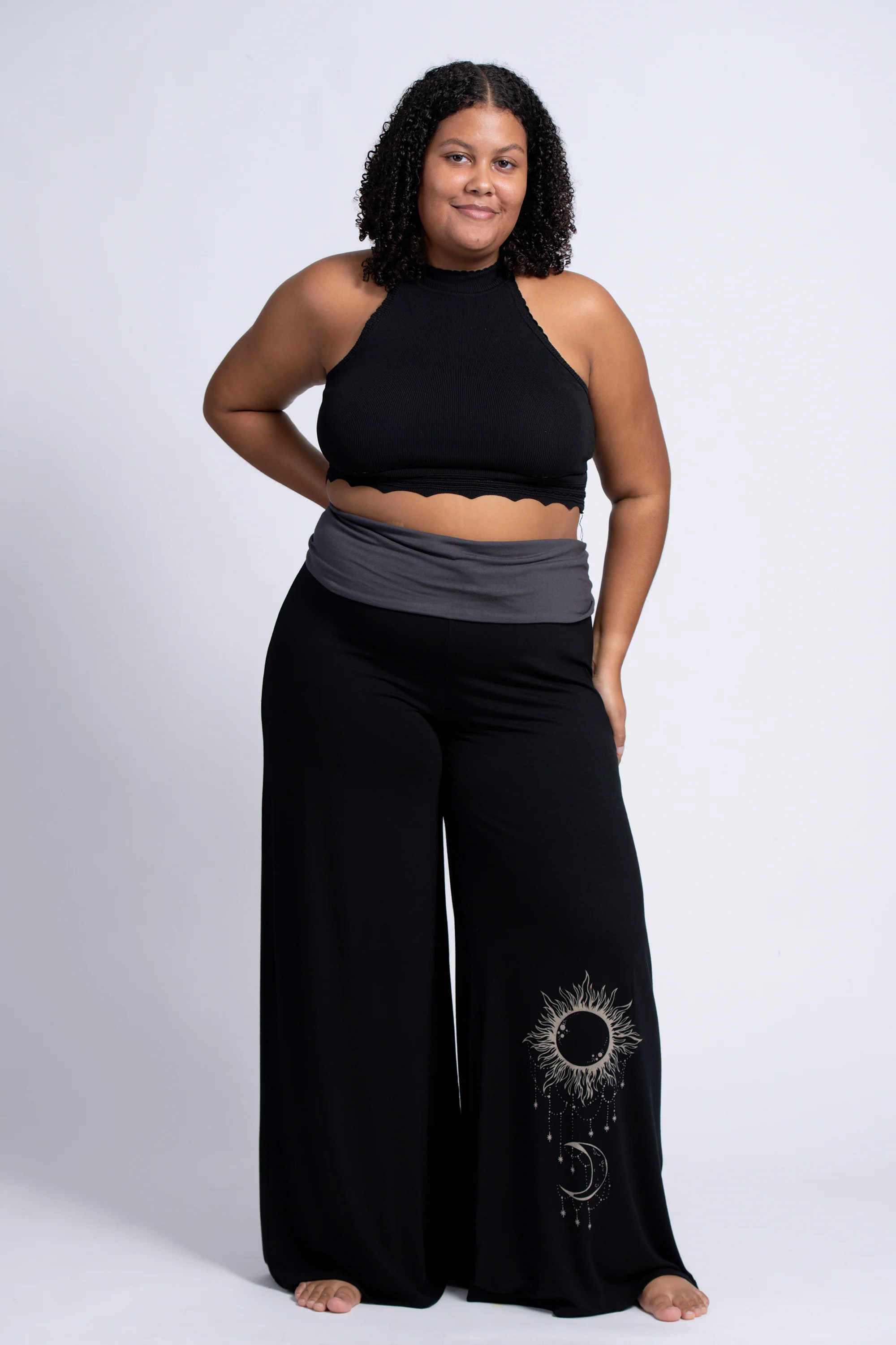 Plus Size Sun Moon Print Wide Leg Palazzo Harem Pants Cotton Spandex in Black