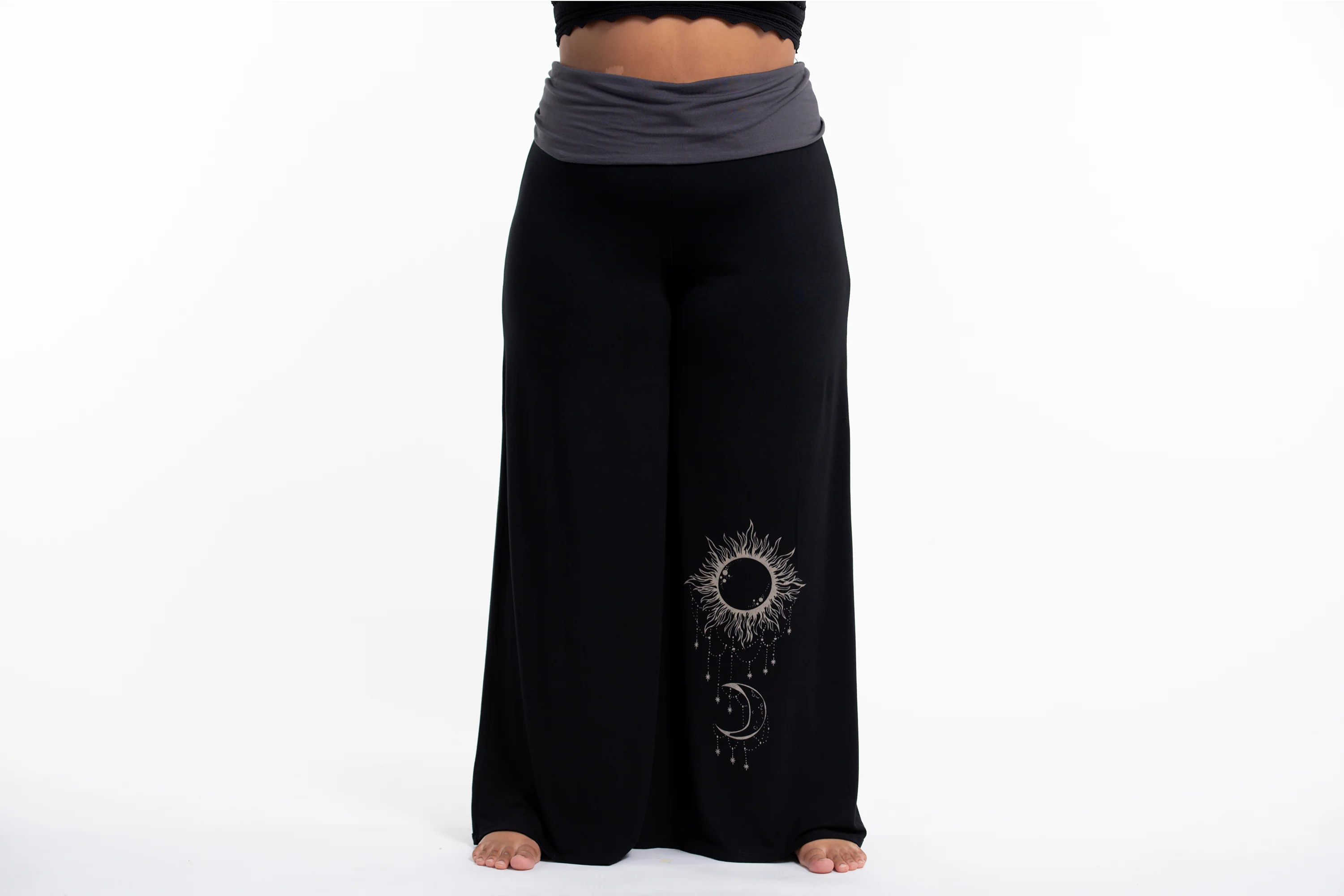 Plus Size Sun Moon Print Wide Leg Palazzo Harem Pants Cotton Spandex in Black